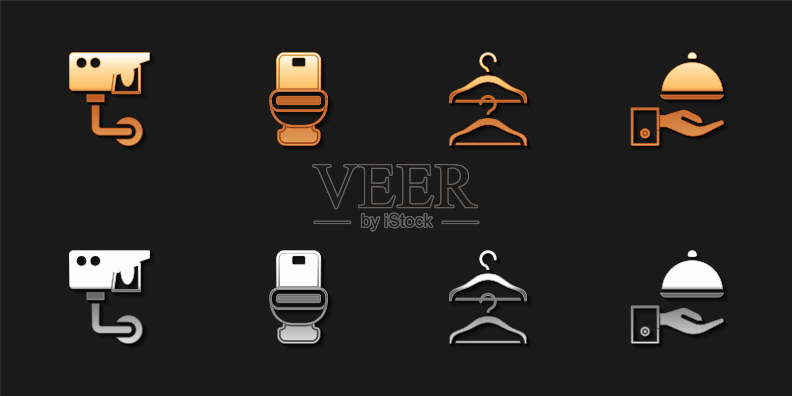 设置安全摄像头，抽水马桶，衣架衣柜和覆盖托盘图标。向量图标素材