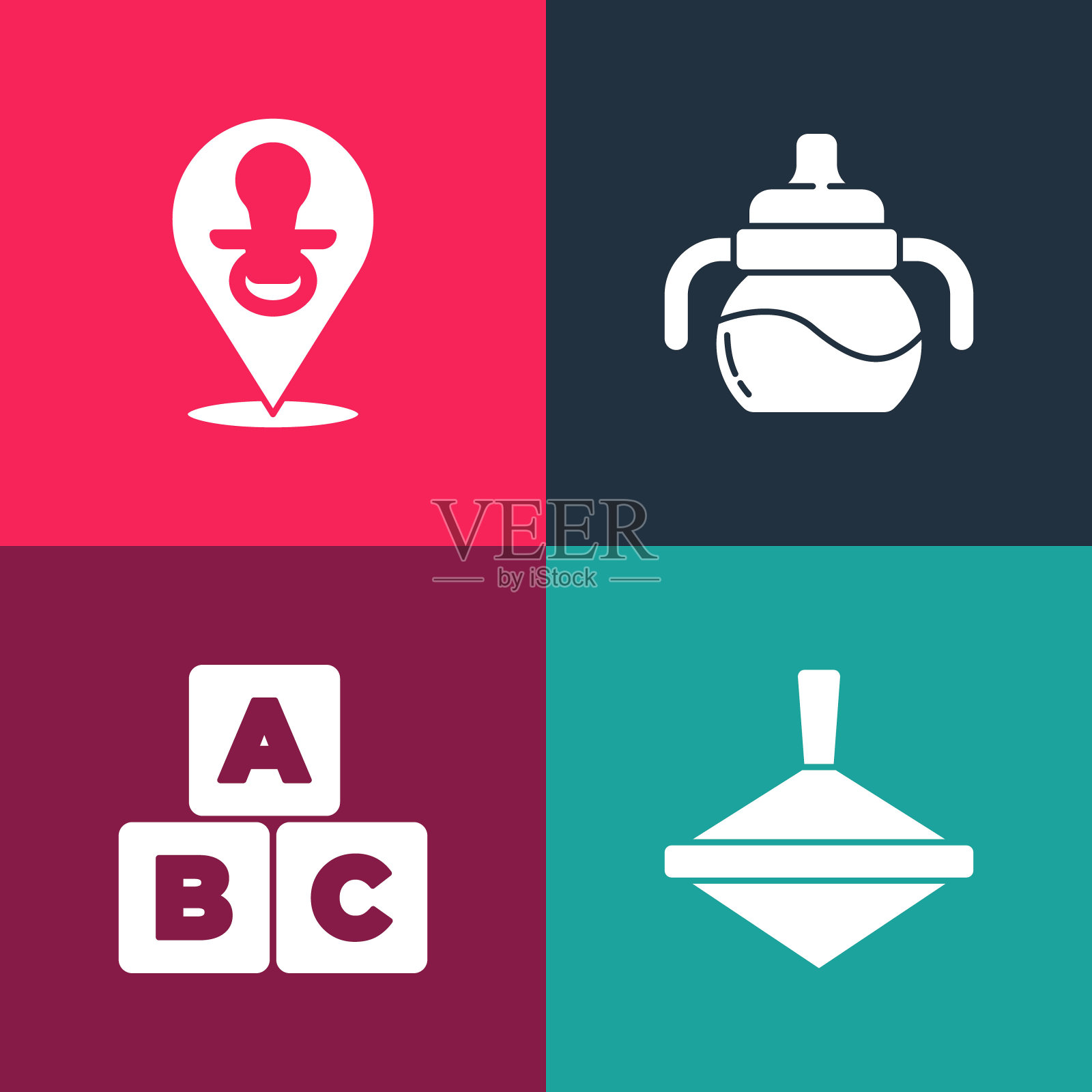 设置流行艺术旋转玩具，ABC块，奶瓶和奶嘴图标。向量图标素材