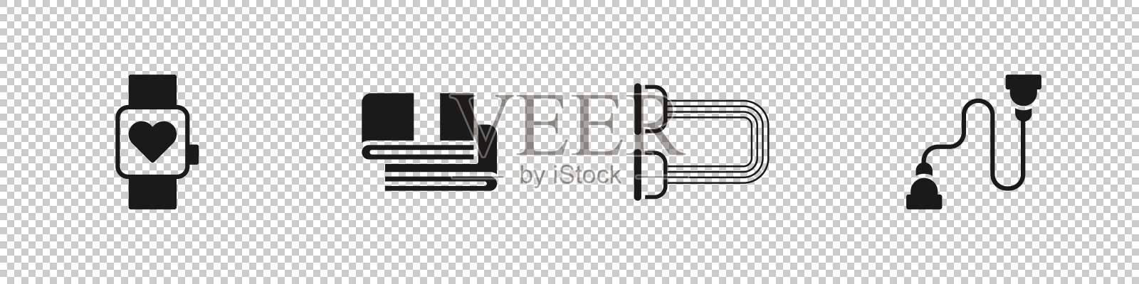 设置智能手表，毛巾栈，胸部扩展器和图标。向量图标素材