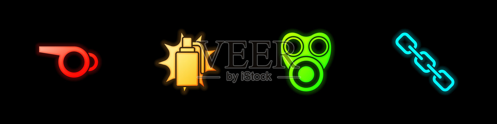 设置哨子，手榴弹，防毒面具和链条图标。向量图标素材