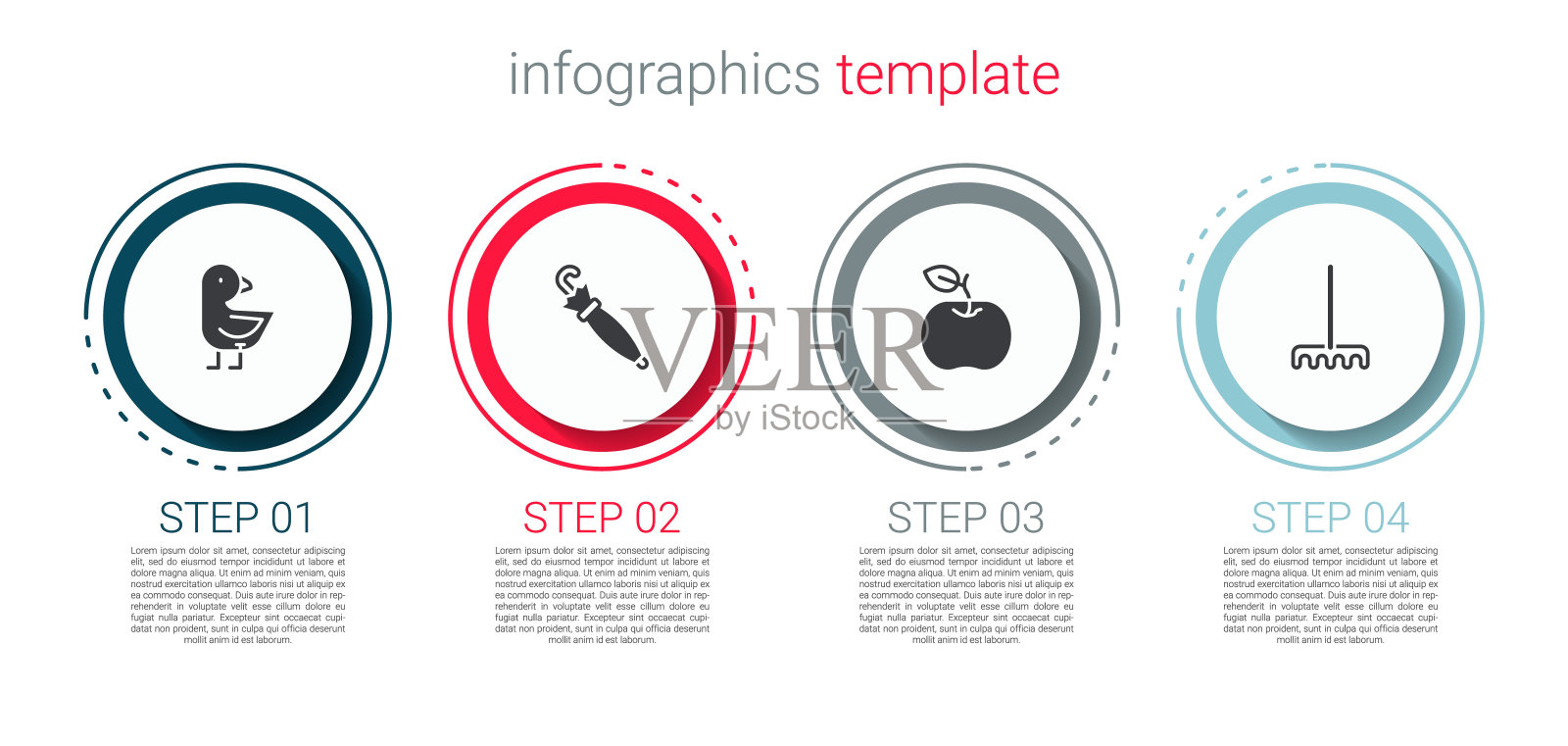 小鸡，伞，苹果和花园耙子。业务信息模板。向量设计模板素材