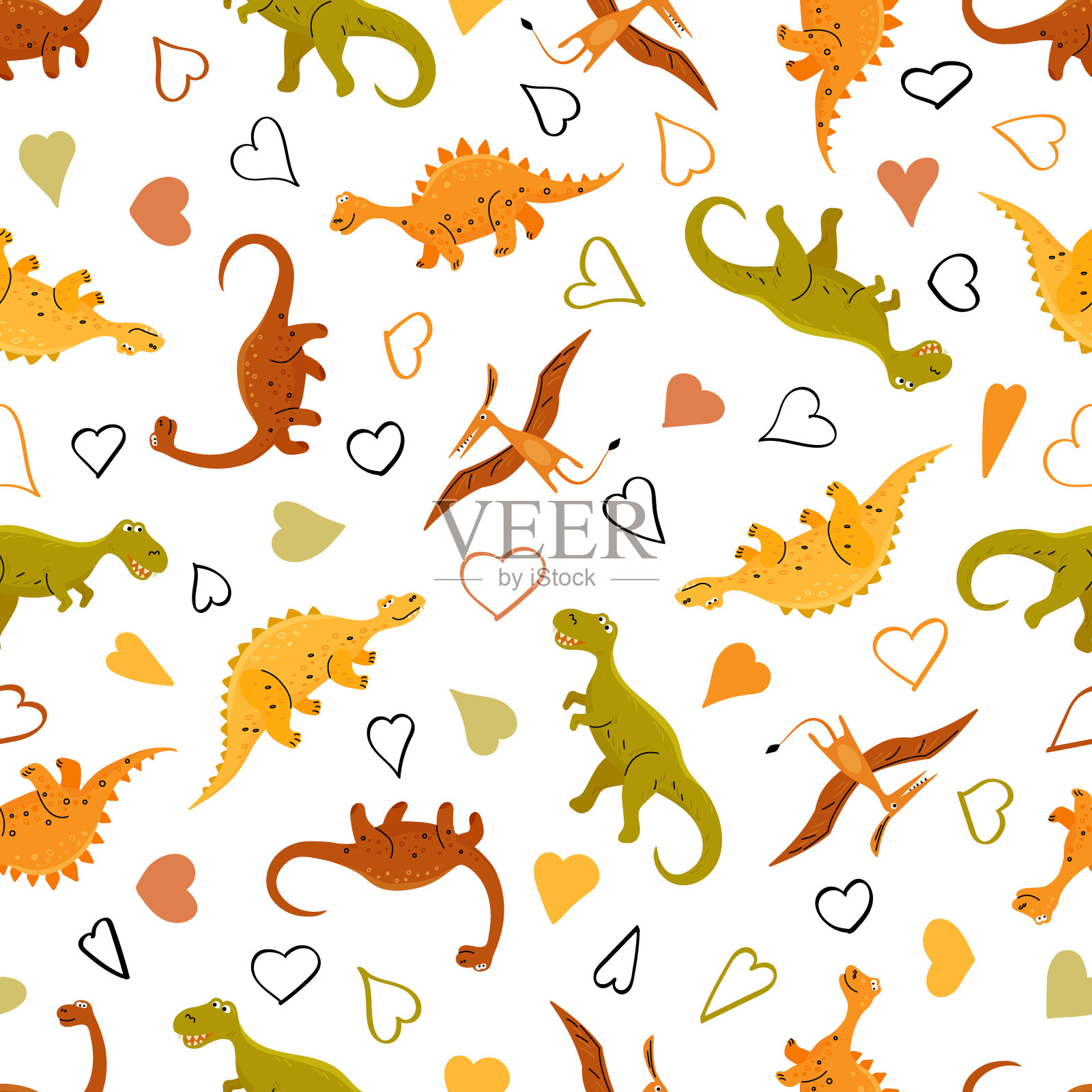无缝图案与恐龙和五颜六色的心。插画图片素材