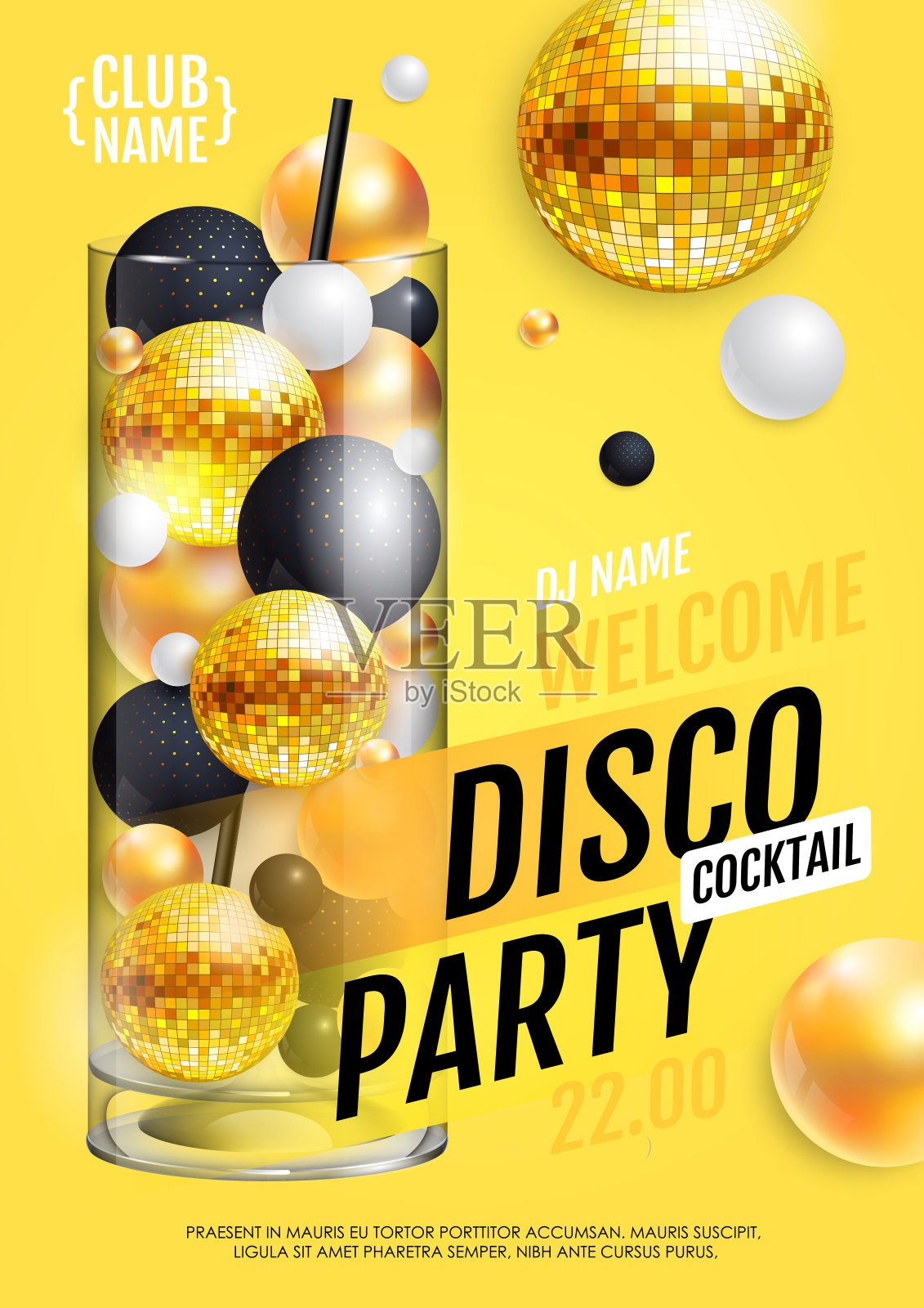 带有三维抽象球体和金色迪斯科球的鸡尾酒迪斯科派对海报。矢量图插画图片素材