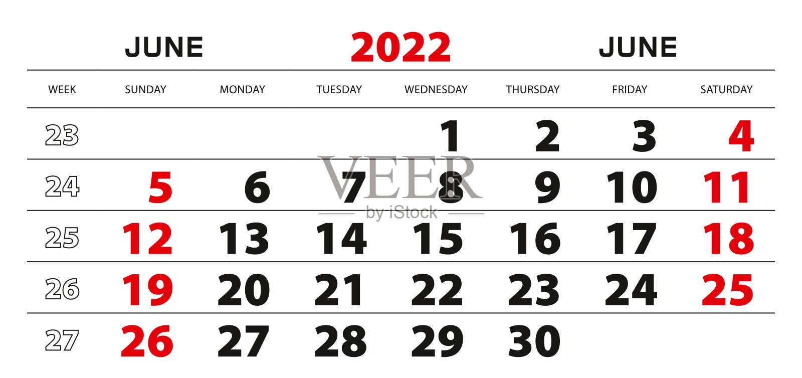 2022年六月挂历，每周从周日开始。插画图片素材