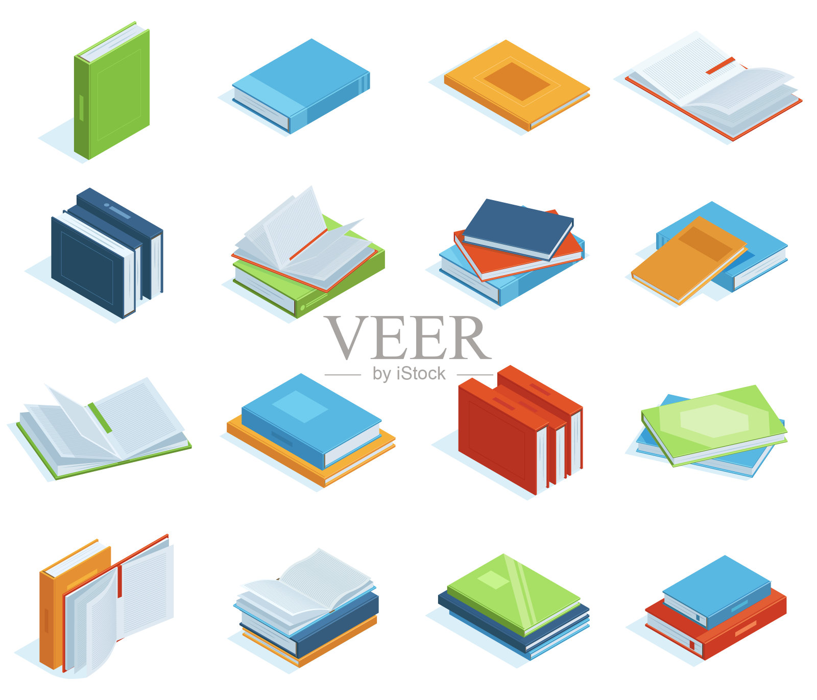 等距的书。书店或图书馆的书籍，教育小册子，百科全书，教科书或经典文学矢量插图集。学校等距的书插画图片素材
