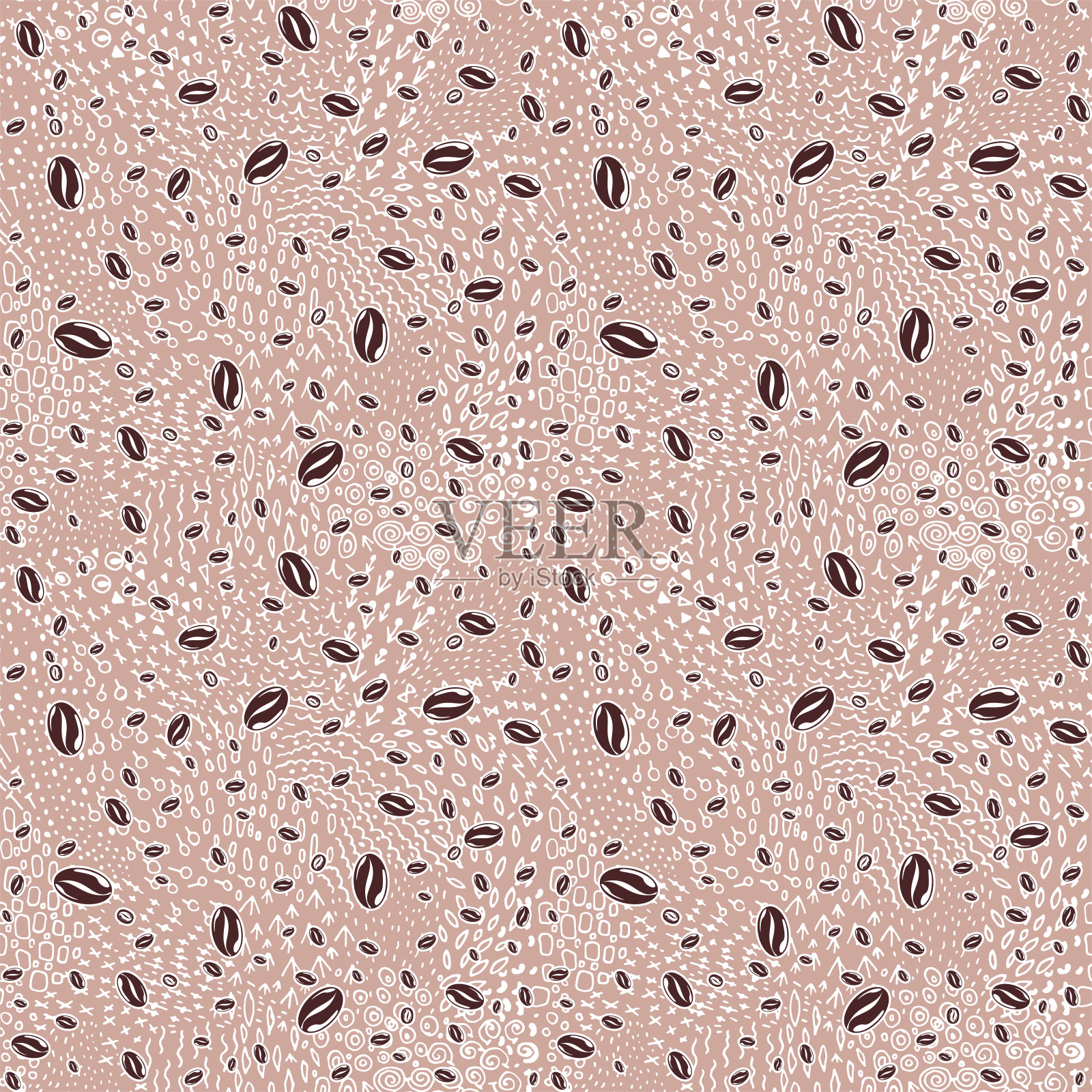 咖啡豆无缝图案与涂鸦背景。用于包装纸设计。矢量插图。插画图片素材