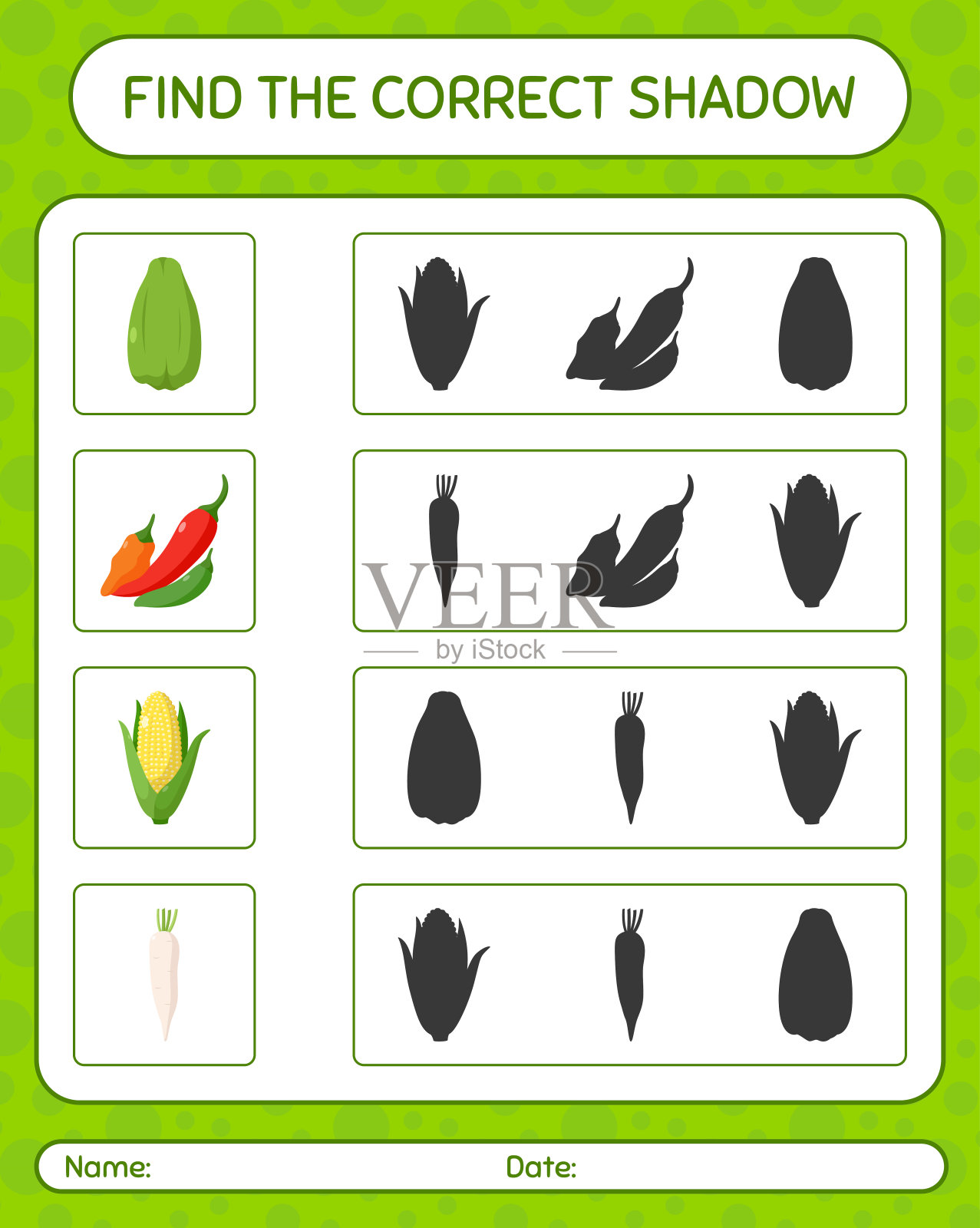 找到正确的蔬菜阴影游戏。学龄前儿童的工作表，儿童活动表插画图片素材