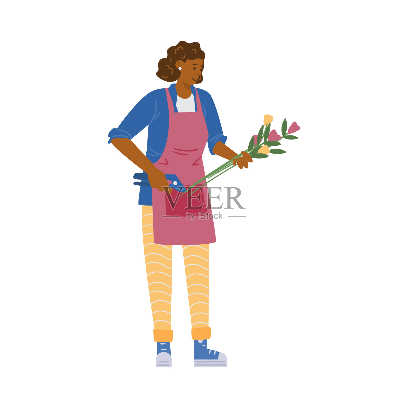 专业花匠女性卡通人物，平面矢量插图孤立。插画图片素材
