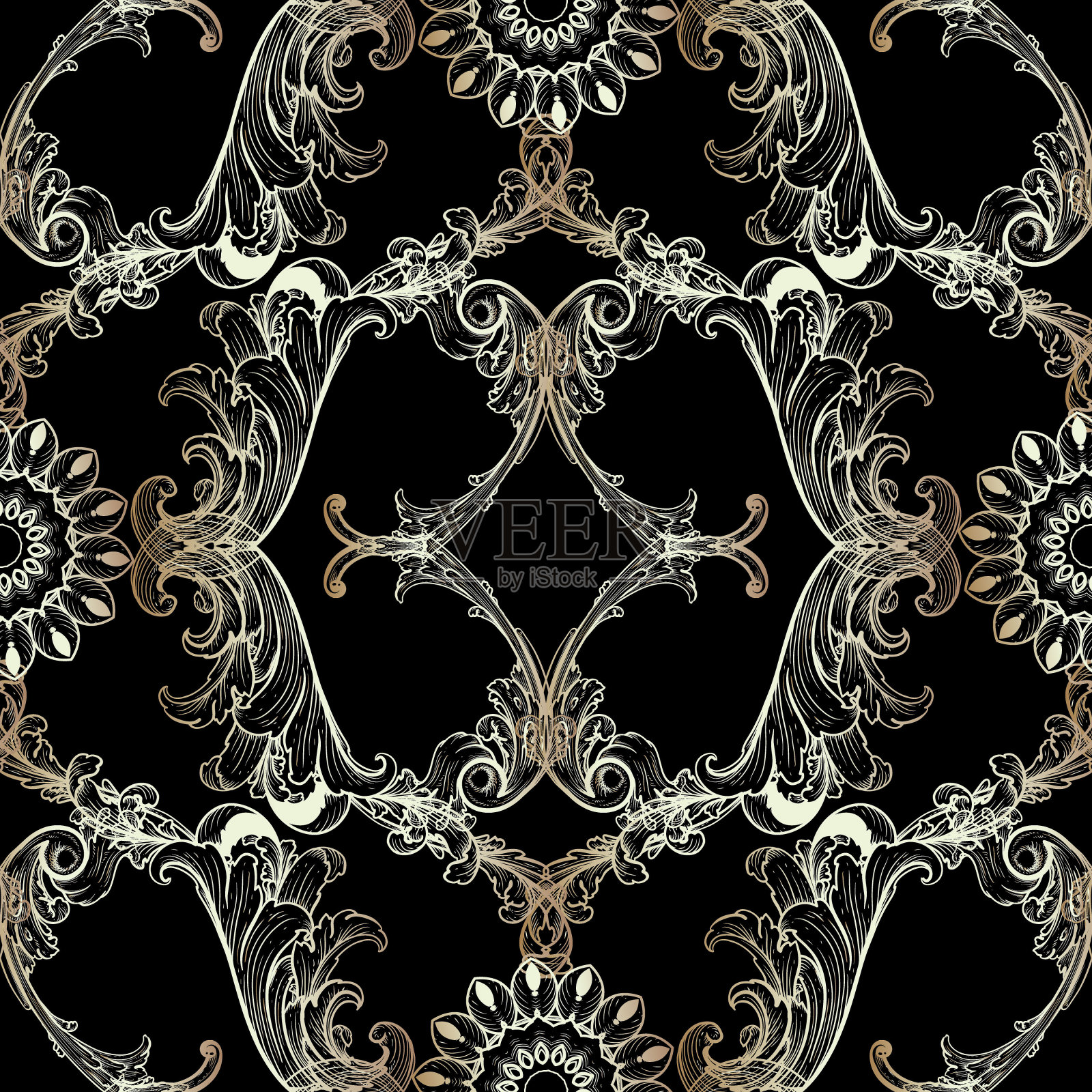 花巴洛克老风格黄金无缝模式。观赏向量背景。重复的背景。古董古董饰品。金线画花、叶、形、曼荼罗。奢侈华丽的设计插画图片素材