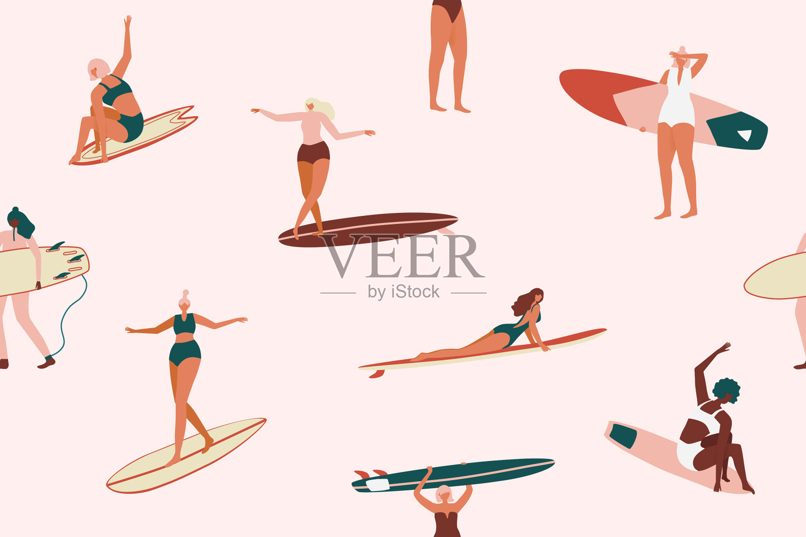 冲浪无缝模式冲浪女孩泳装插画图片素材