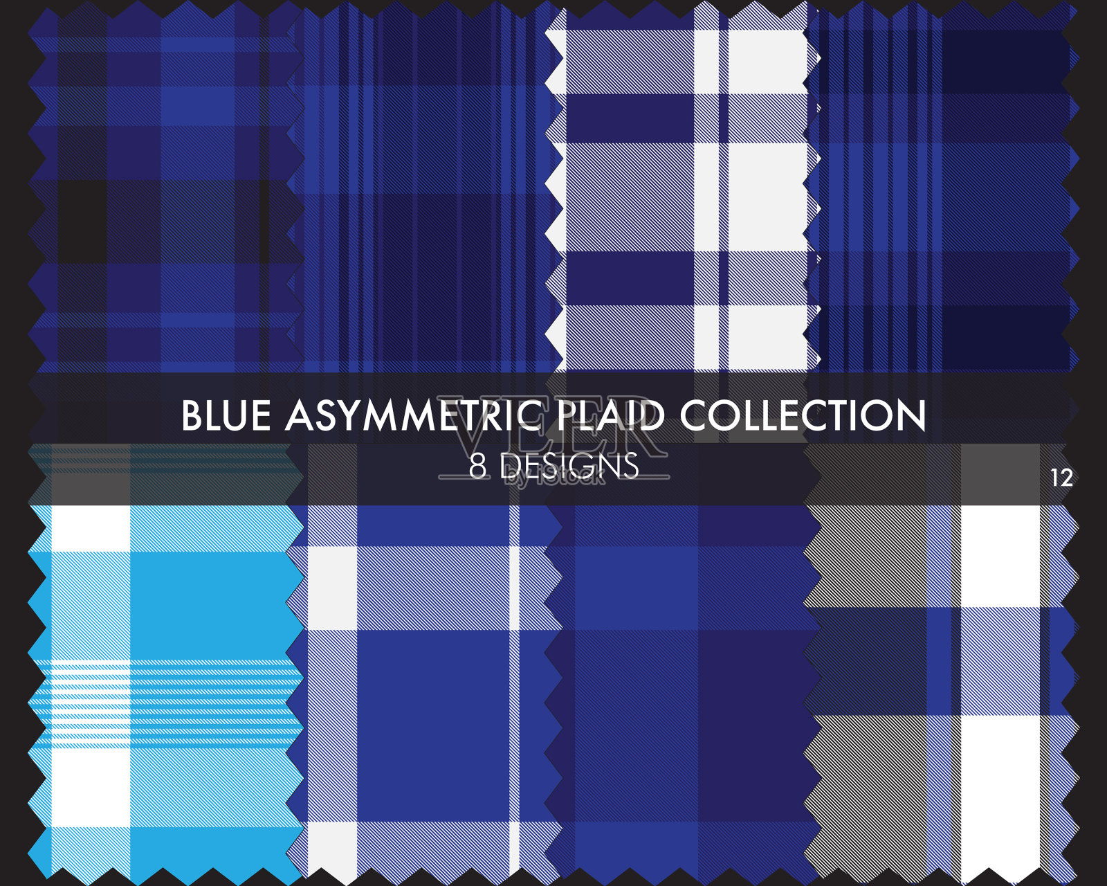 蓝色不对称格子无缝图案集合插画图片素材