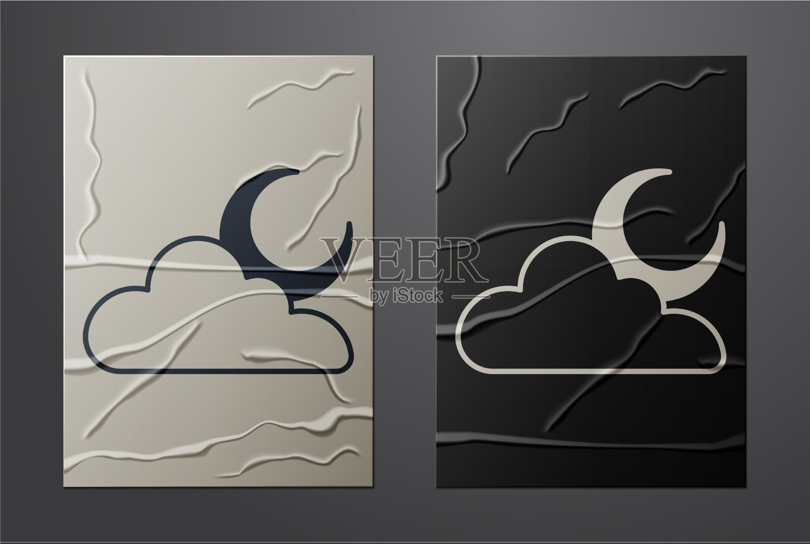 白云与月亮的图标孤立在皱巴巴的插画图片素材