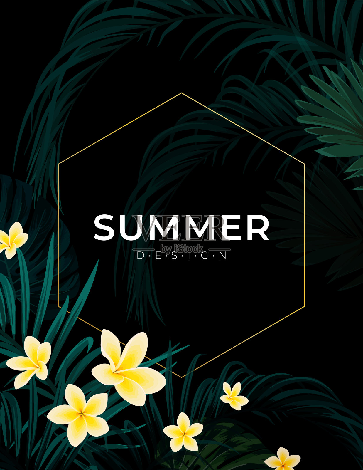 夏季热带矢量设计旗帜或传单与深绿色的棕榈叶和花。插画图片素材