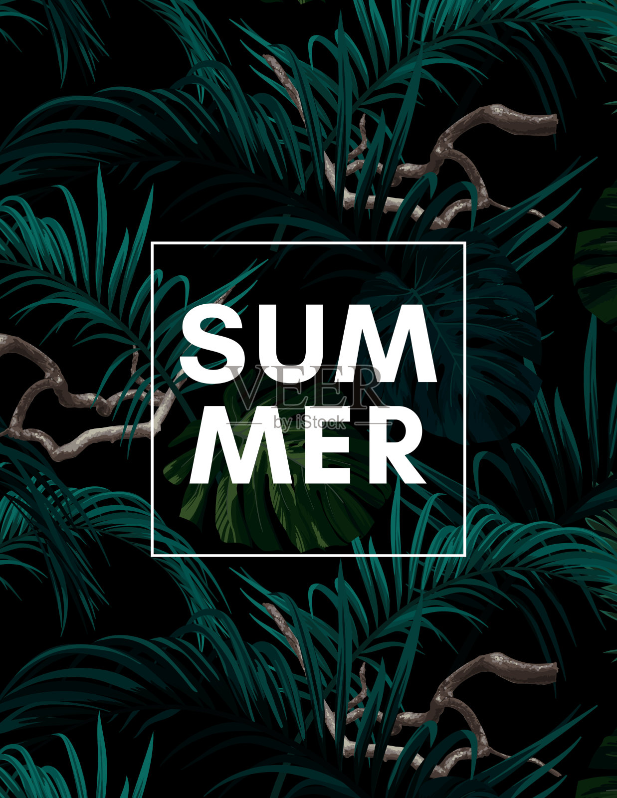 黑暗的夏季热带背景与异国棕榈叶。向量的模板。插画图片素材