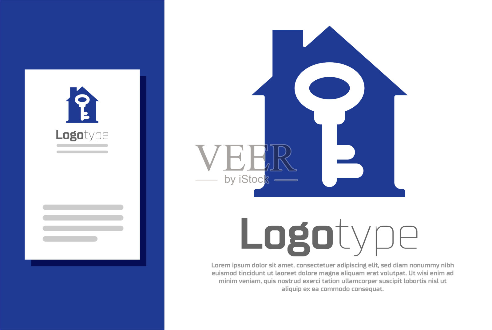 蓝色的房子与钥匙图标隔离在白色插画图片素材