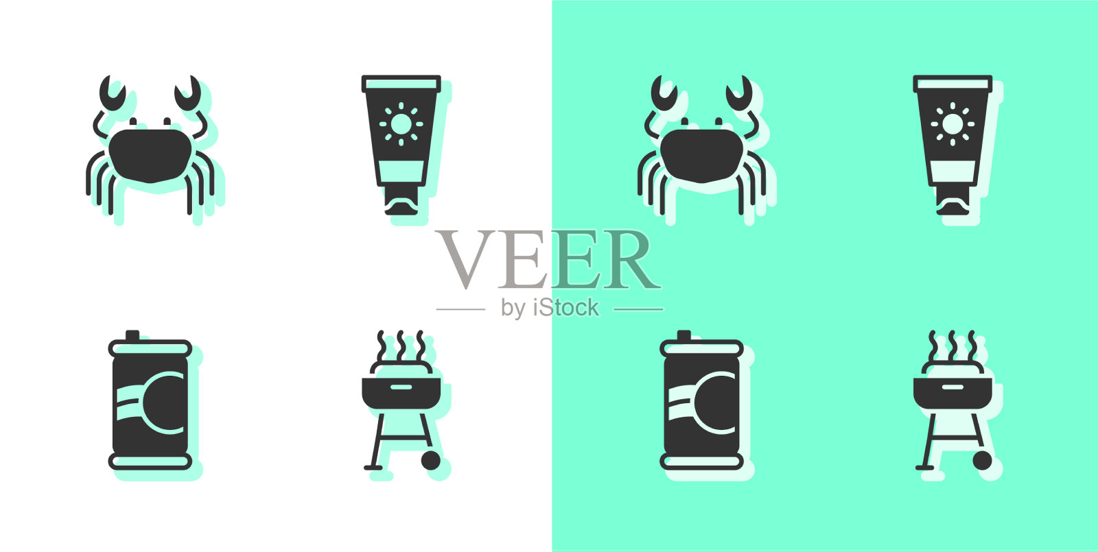 设置烧烤烤蟹汽水罐和防晒霜图标素材