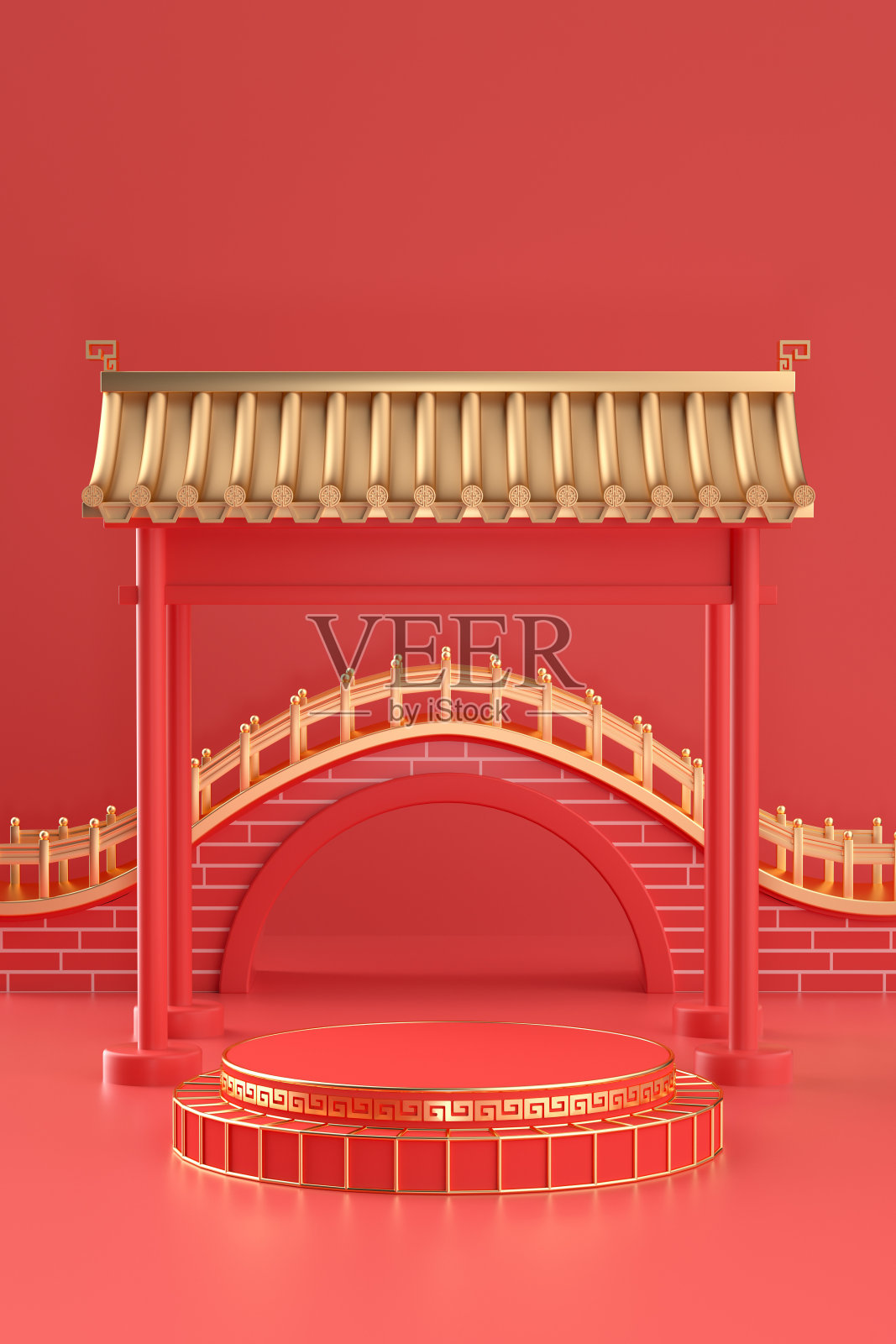 3D渲染中国风桥梁照片摄影图片
