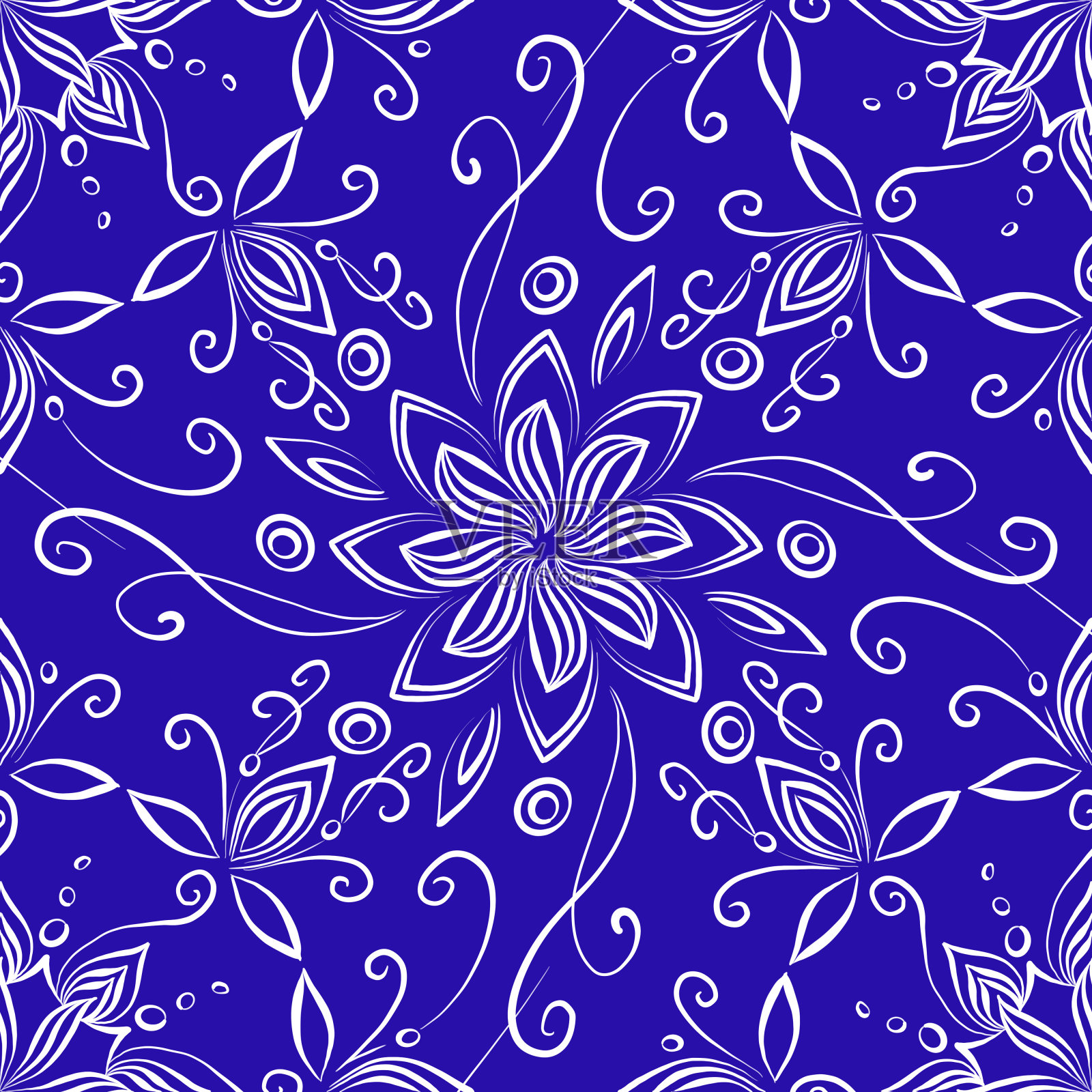 花曼陀罗瓷砖上的蓝色背景无缝模式插画图片素材