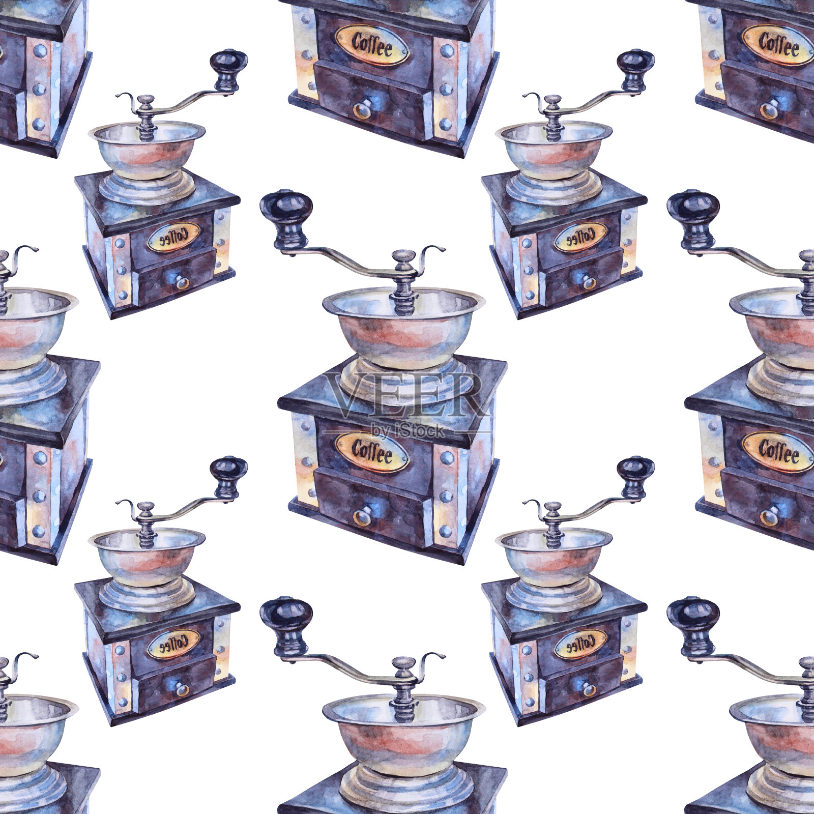 无缝图案水彩画老黑咖啡研磨机早上好热饮与咖啡因在白色背景。手绘的真实对象的厨房，烹饪书，自助餐厅，菜单，咖啡馆插画图片素材