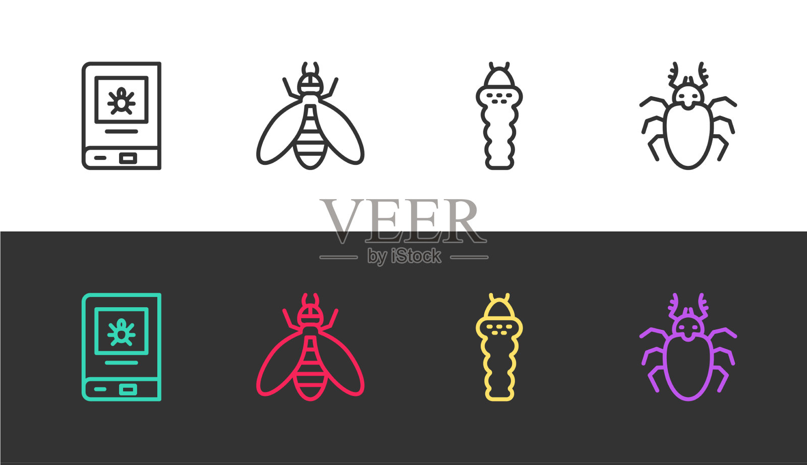 Set line book about昆虫、蜜蜂幼虫和甲虫图标素材