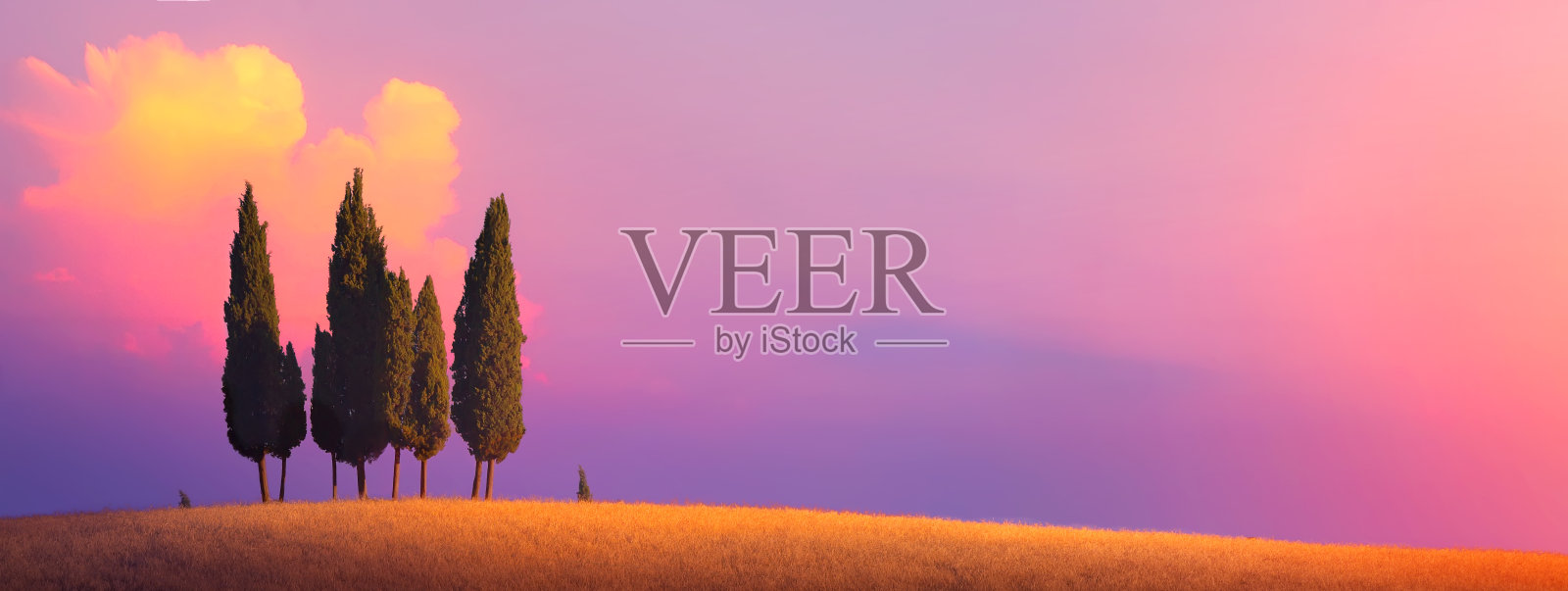 美丽的意大利托斯卡纳自然乡村景观;农田和柏树在日落的天空照片摄影图片