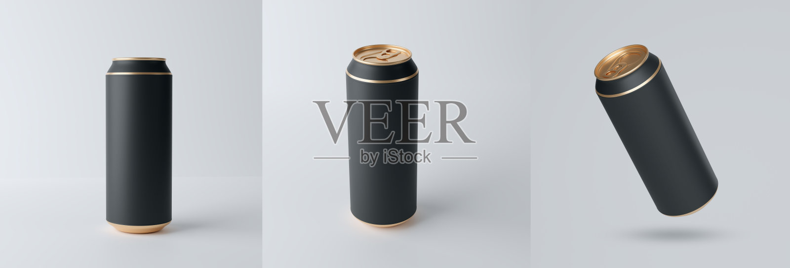3 d演示。品牌模板。黑色和金色的啤酒罐，水，灰色背景。渲染照片摄影图片