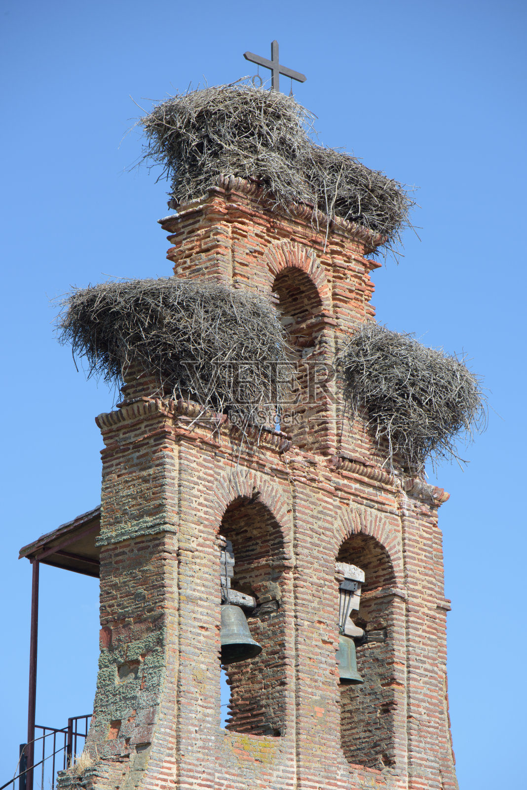 鹳鸟在教堂的尖塔上筑巢。照片摄影图片
