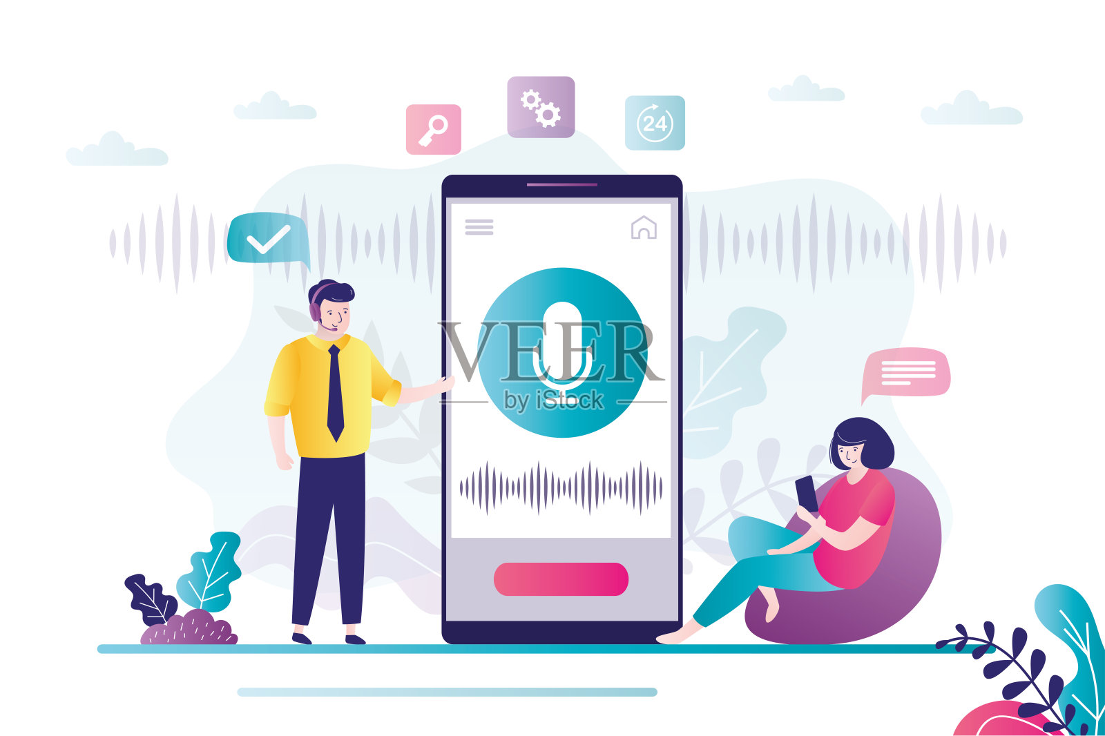 男性角色向语音助手求助。可爱的女孩用手机录语音信息插画图片素材