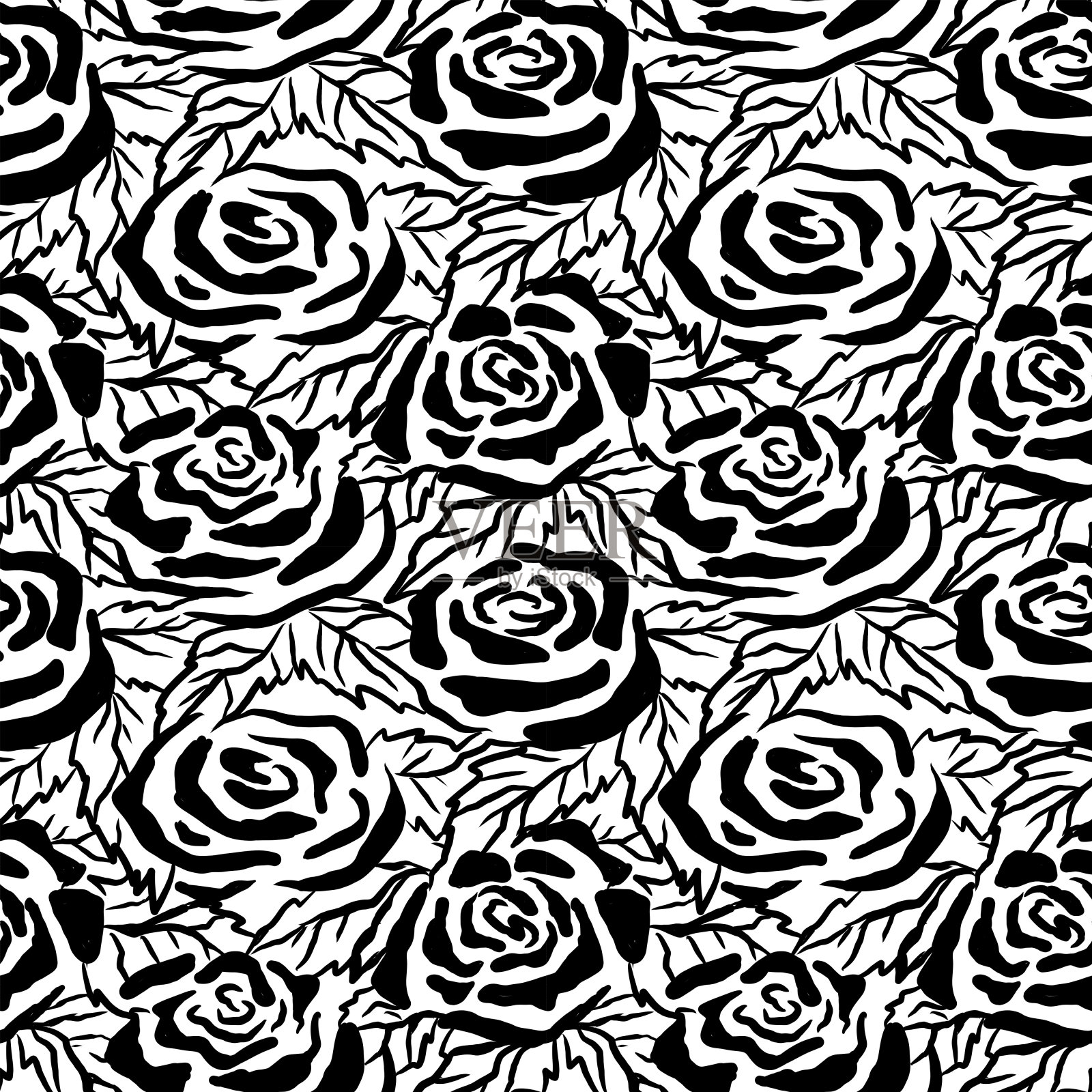 无缝图案与玫瑰花蕾，黑白抽象风格的花朵，手绘插画图片素材