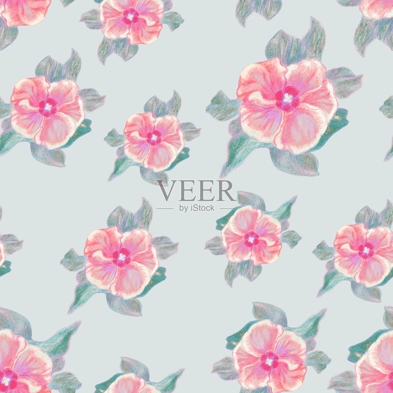 蓝色背景上有粉红色的花。彩色铅笔纹理。复古风格的花卉图案。无缝模式。柔和的颜色。插画图片素材