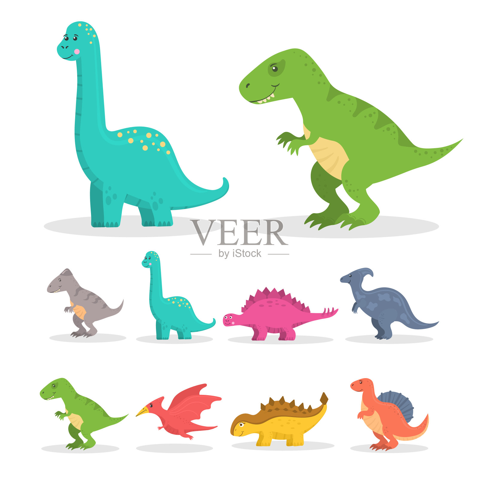 一套可爱的恐龙，雷龙和三角龙插画图片素材