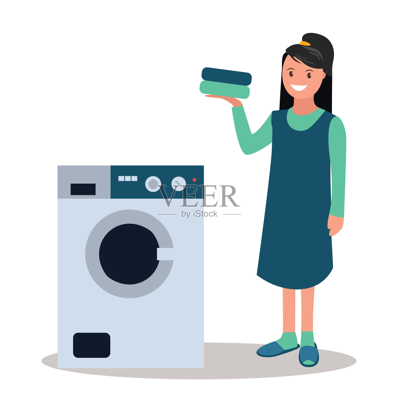洗衣粉广告。一个手里拿着洗衣粉的女人在洗衣机旁边。矢量插图。插画图片素材