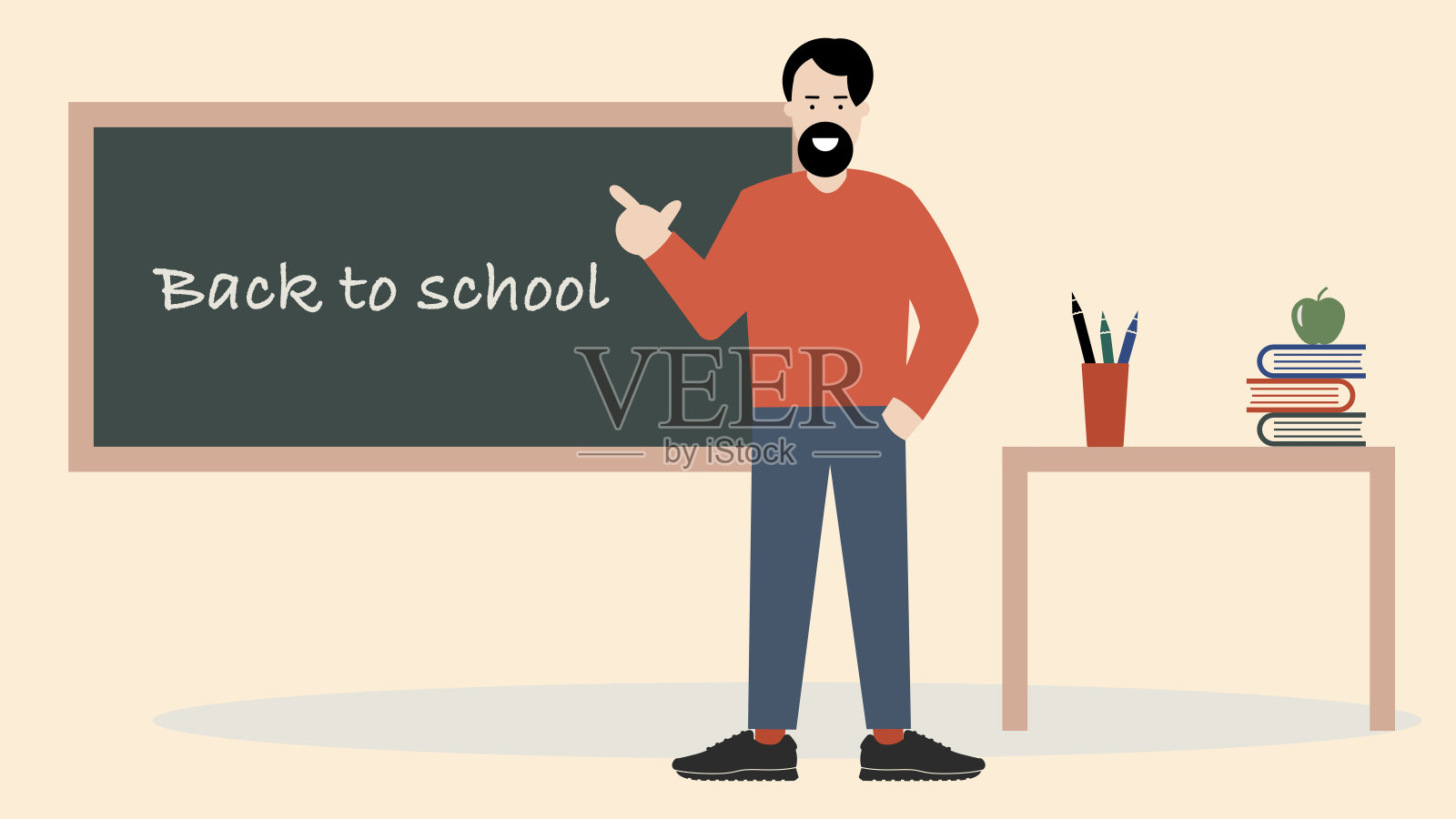 年轻的男老师站在教室的黑板前插画图片素材
