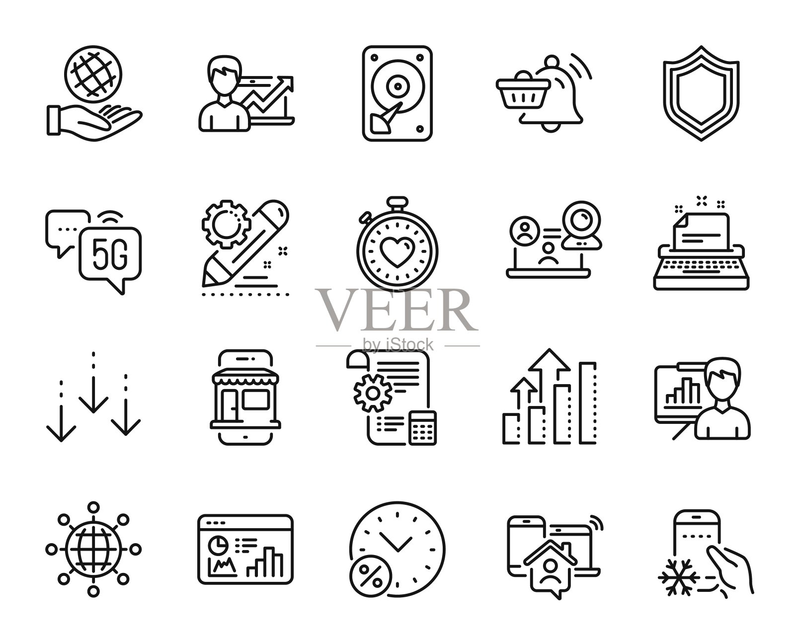 向量集合的通知购物车，视频会议和向下滚动线图标设置。向量图标素材