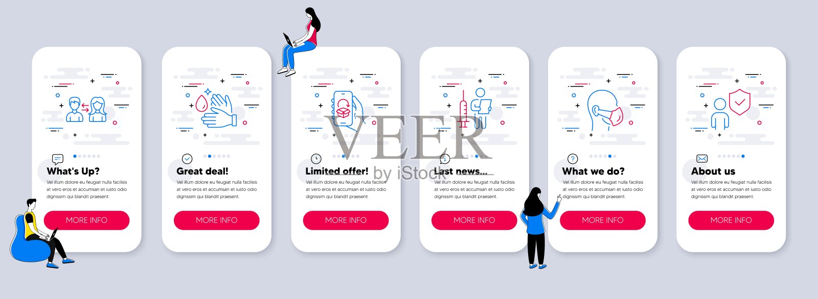 一套人的图标，如疫苗接种公告，洗手，人沟通。向量设计模板素材