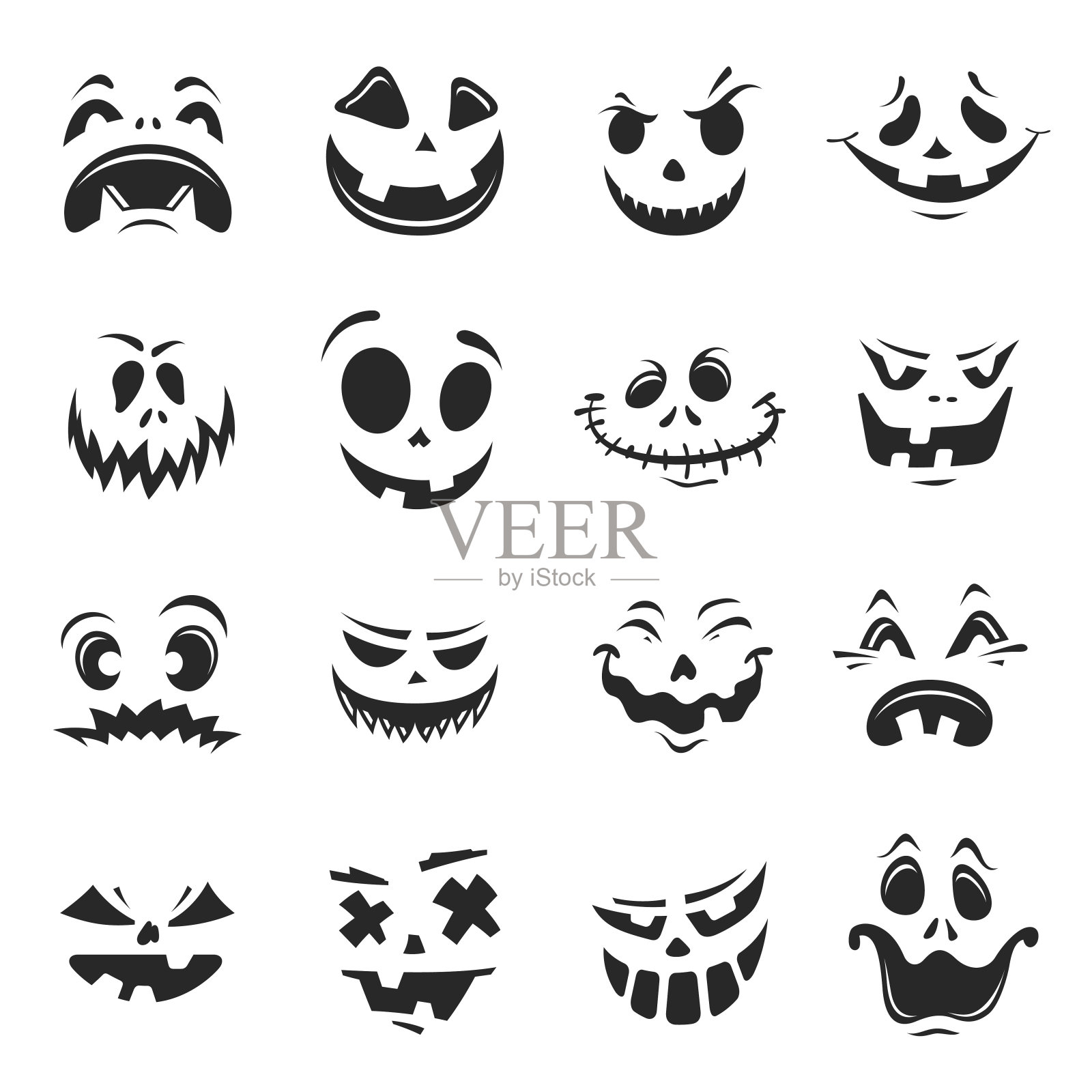 万圣节单色南瓜脸矢量扁平插画恐怖面部装饰插画图片素材