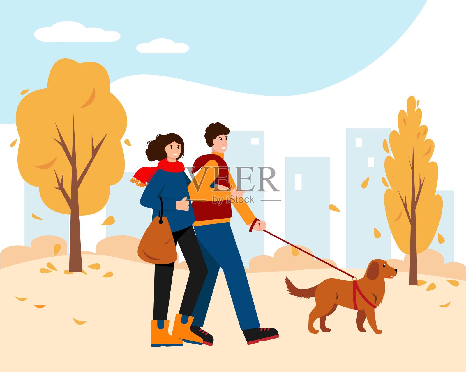 幸福的女人和男人在秋天公园和狗。插画图片素材