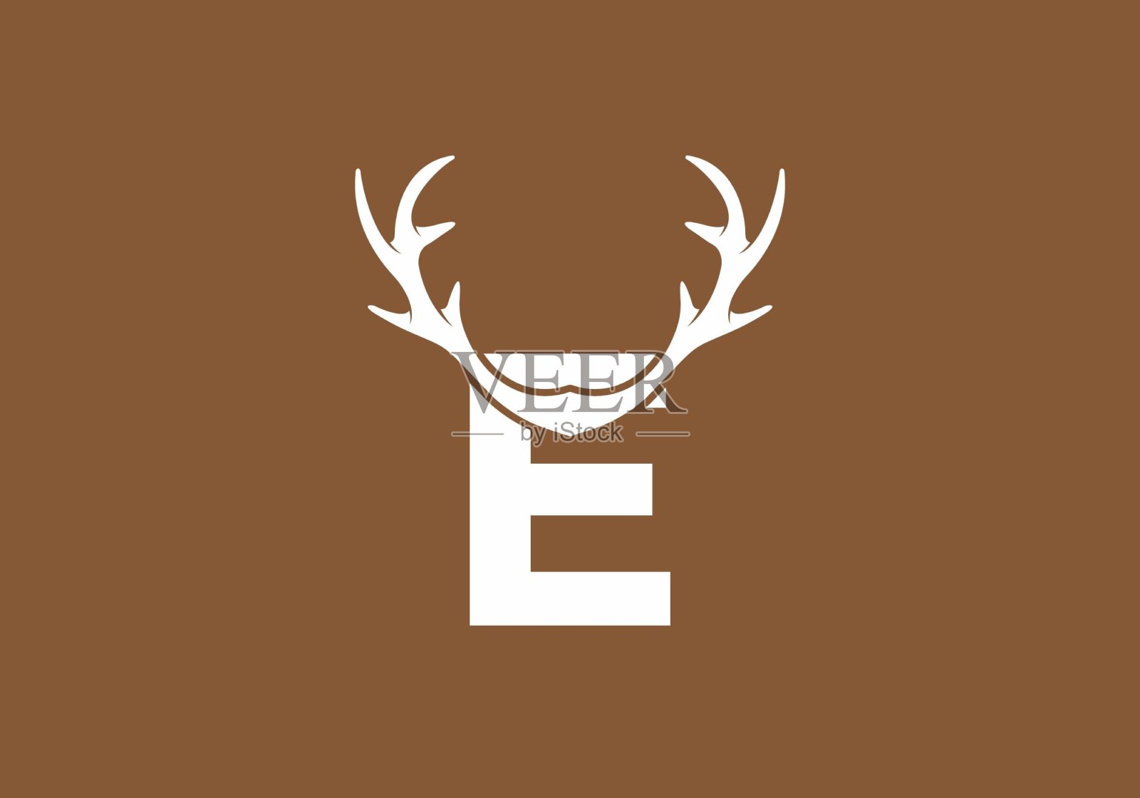 E首字母为白棕色，带有鹿角图案插画图片素材