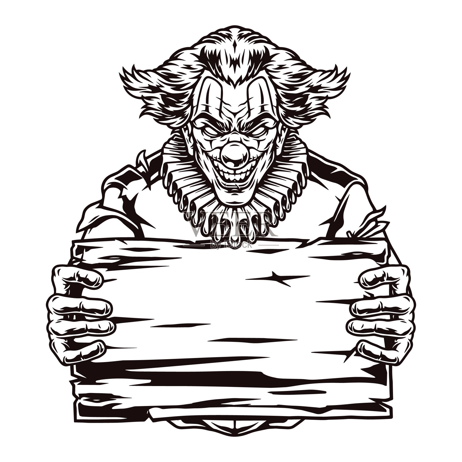 邪恶的小丑拿着空白的木板插画图片素材