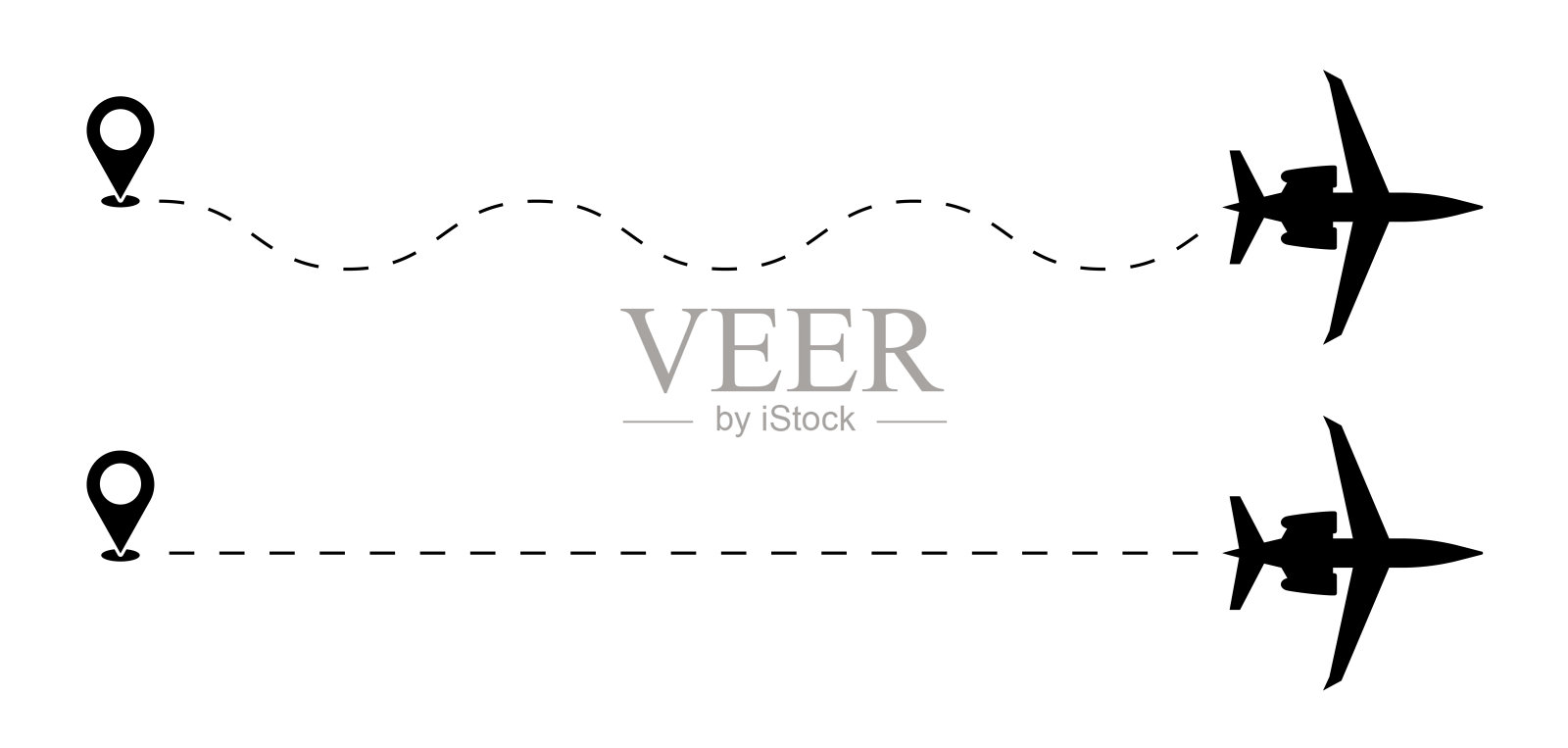 路径飞行旅行飞机旅行和运输剪影，飞行飞机目的地符号矢量插图插画图片素材