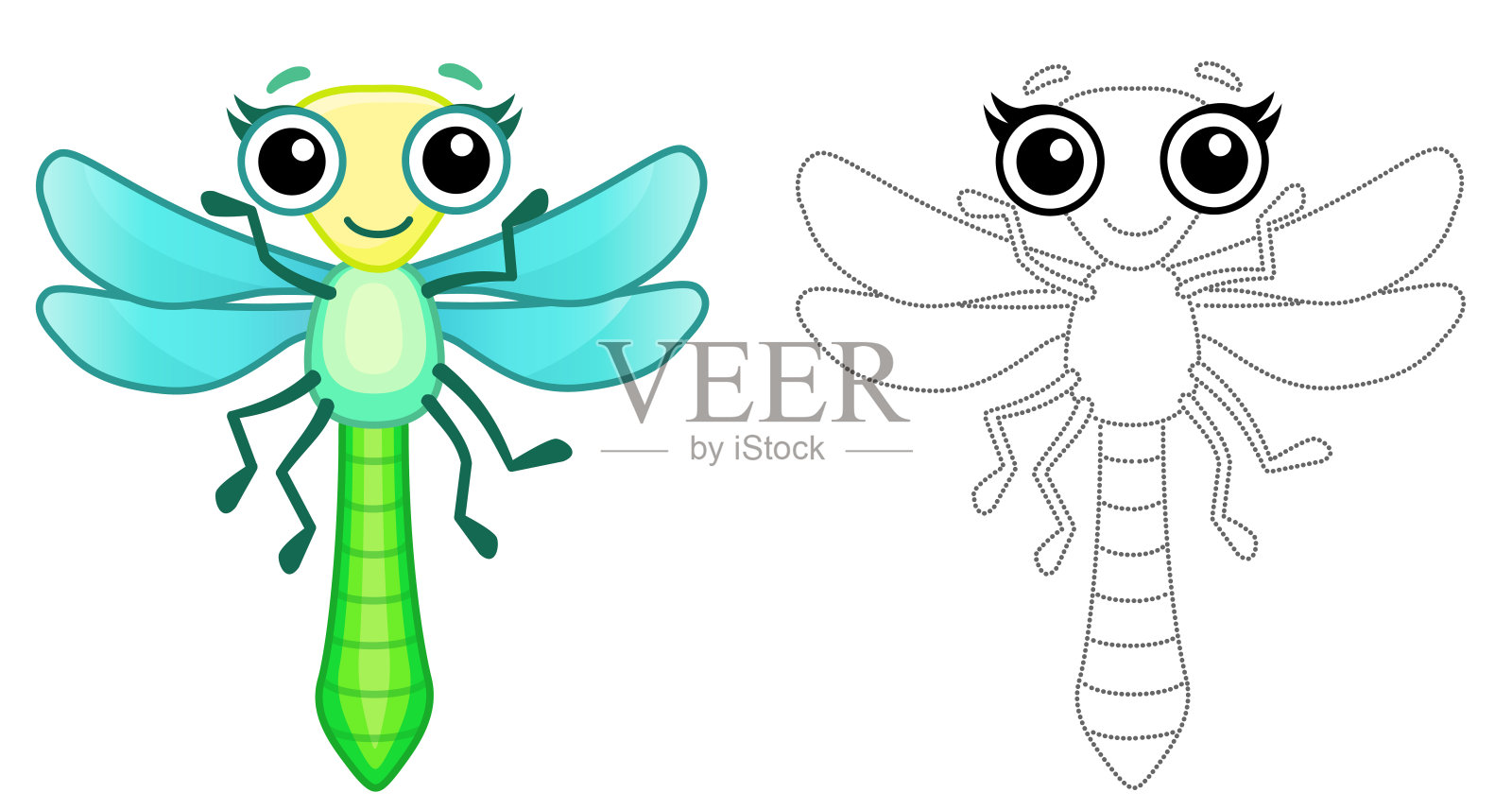 彩色昆虫儿童填色书。卡通风格的有趣蜻蜓。描摹圆点，给图画上色插画图片素材