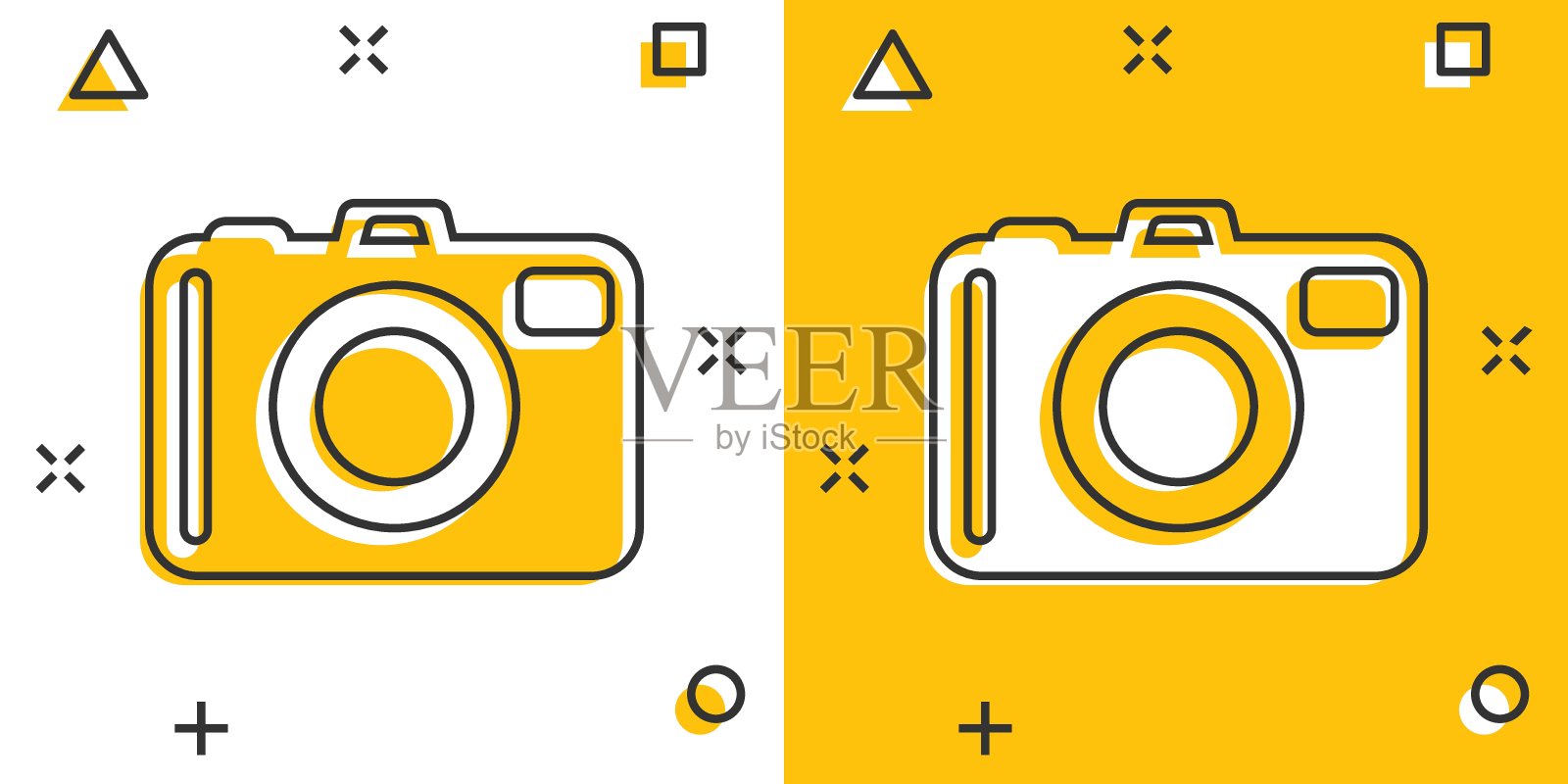 矢量卡通照片相机图标在漫画风格。摄影师摄像机标志插图象形图。相机业务的飞溅效果概念。图标素材