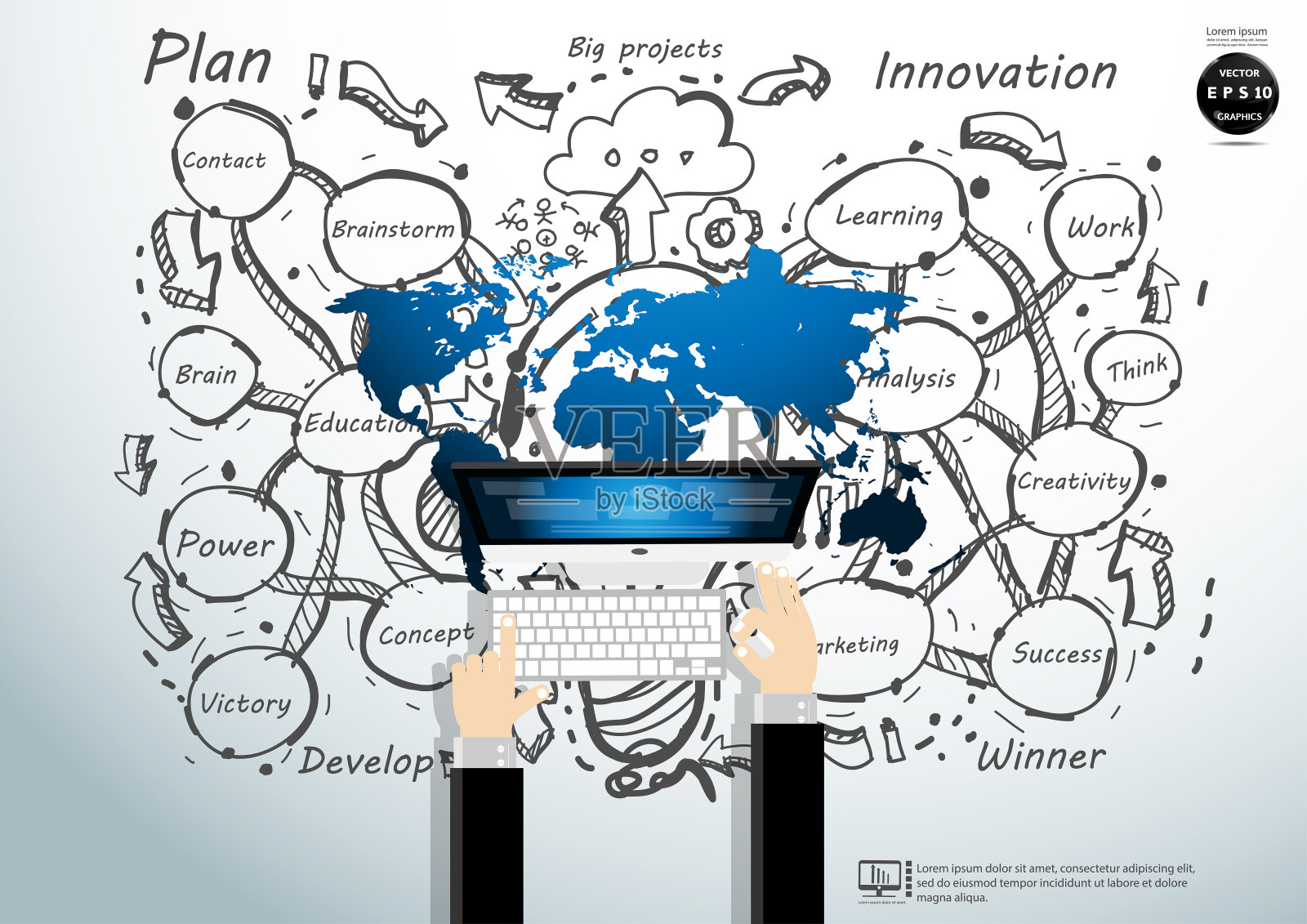 技术联系沟通。观念和概念使人产生创造力。为了成功，计划，思考，搜索，分析，沟通，未来的想法，创新的技术现代。插画图片素材