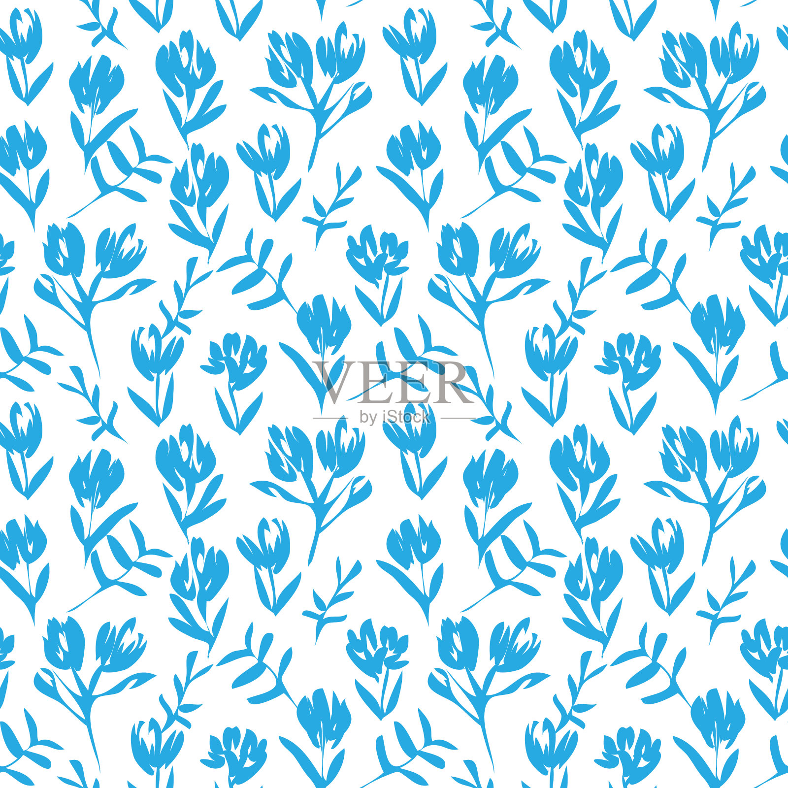 蓝色热带植物花卉无缝图案插画图片素材