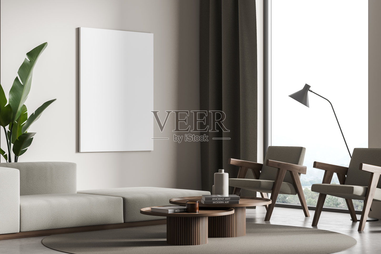 明亮的客厅内部有扶手椅和沙发，咖啡桌，海报照片摄影图片