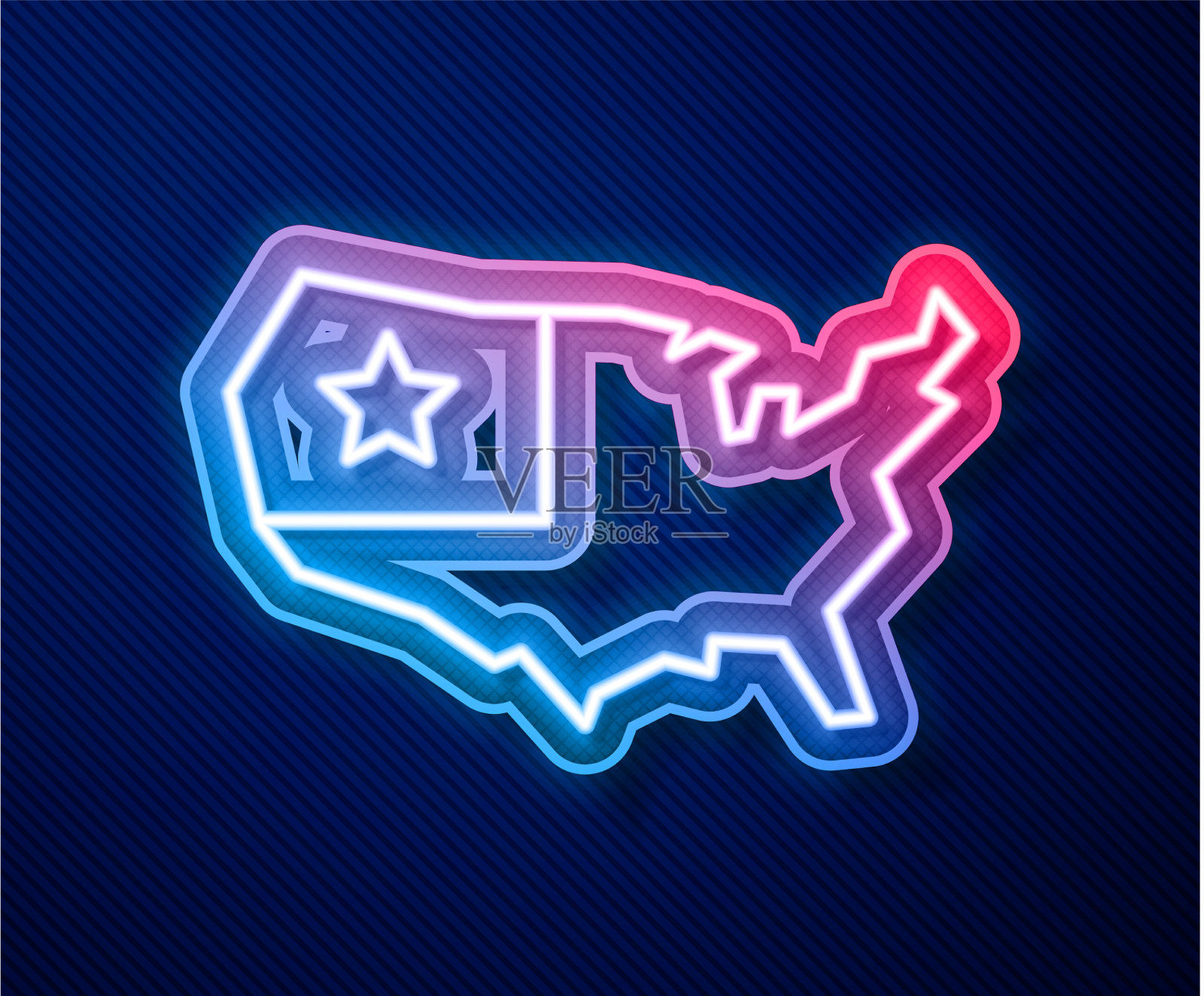 发光的霓虹灯线美国地图图标孤立在蓝色插画图片素材