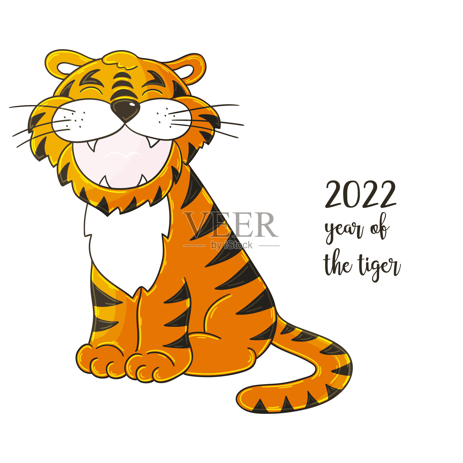 2022年的象征。插图以老虎手绘风格。新2022年。老虎坐。日历用卡通动物插画图片素材