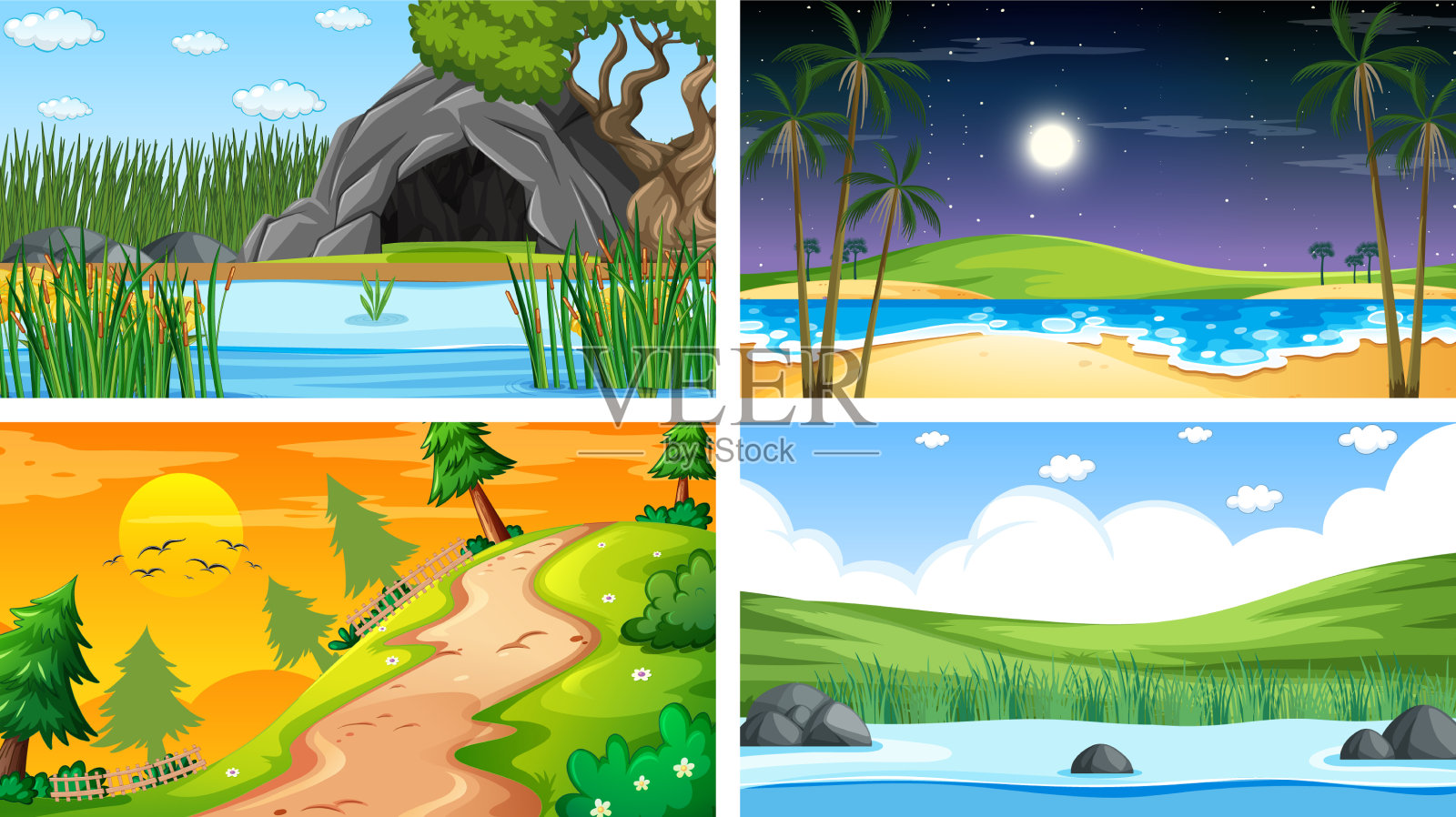 四个不同的场景自然公园和森林插画图片素材