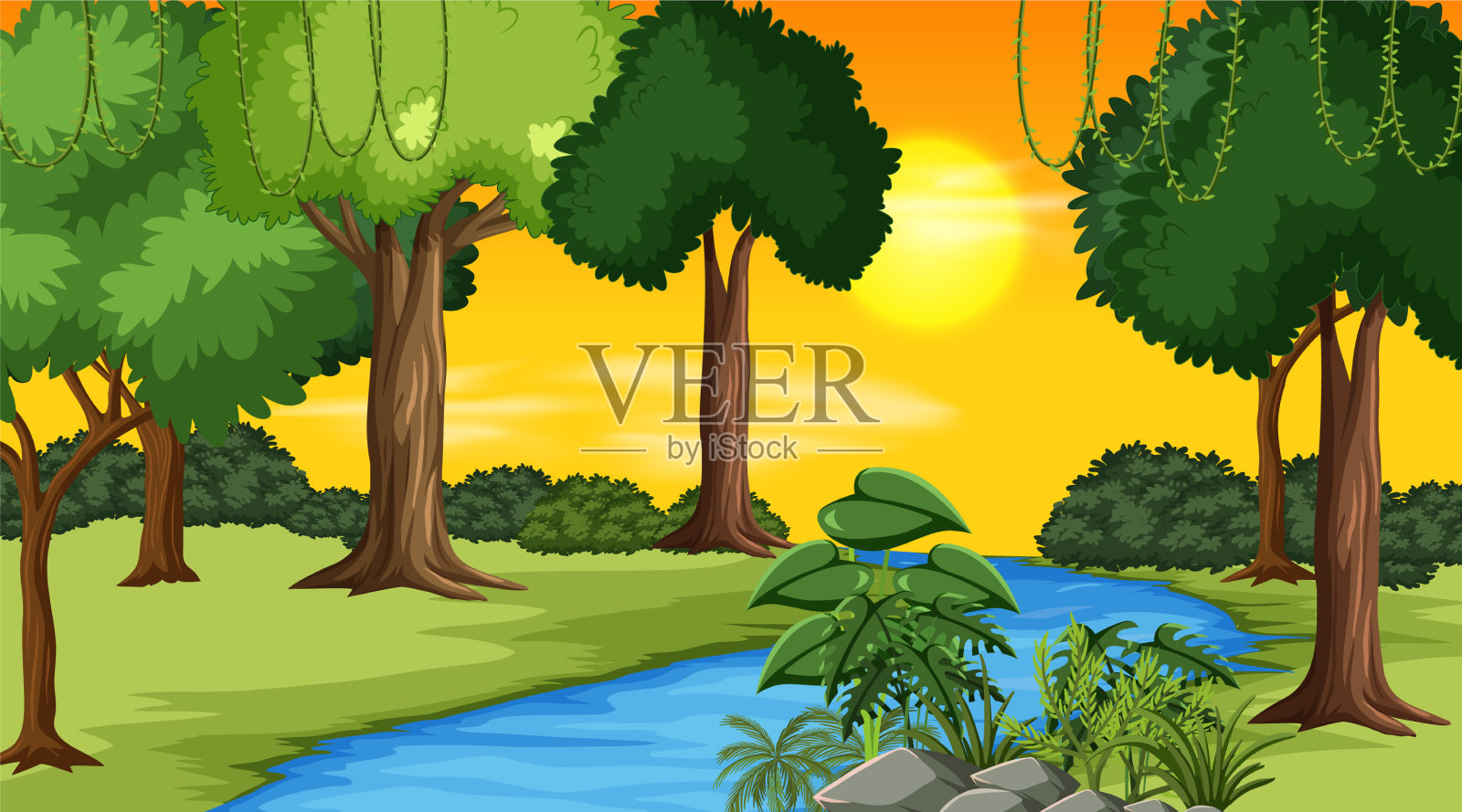 风景风景河流穿过森林插画图片素材