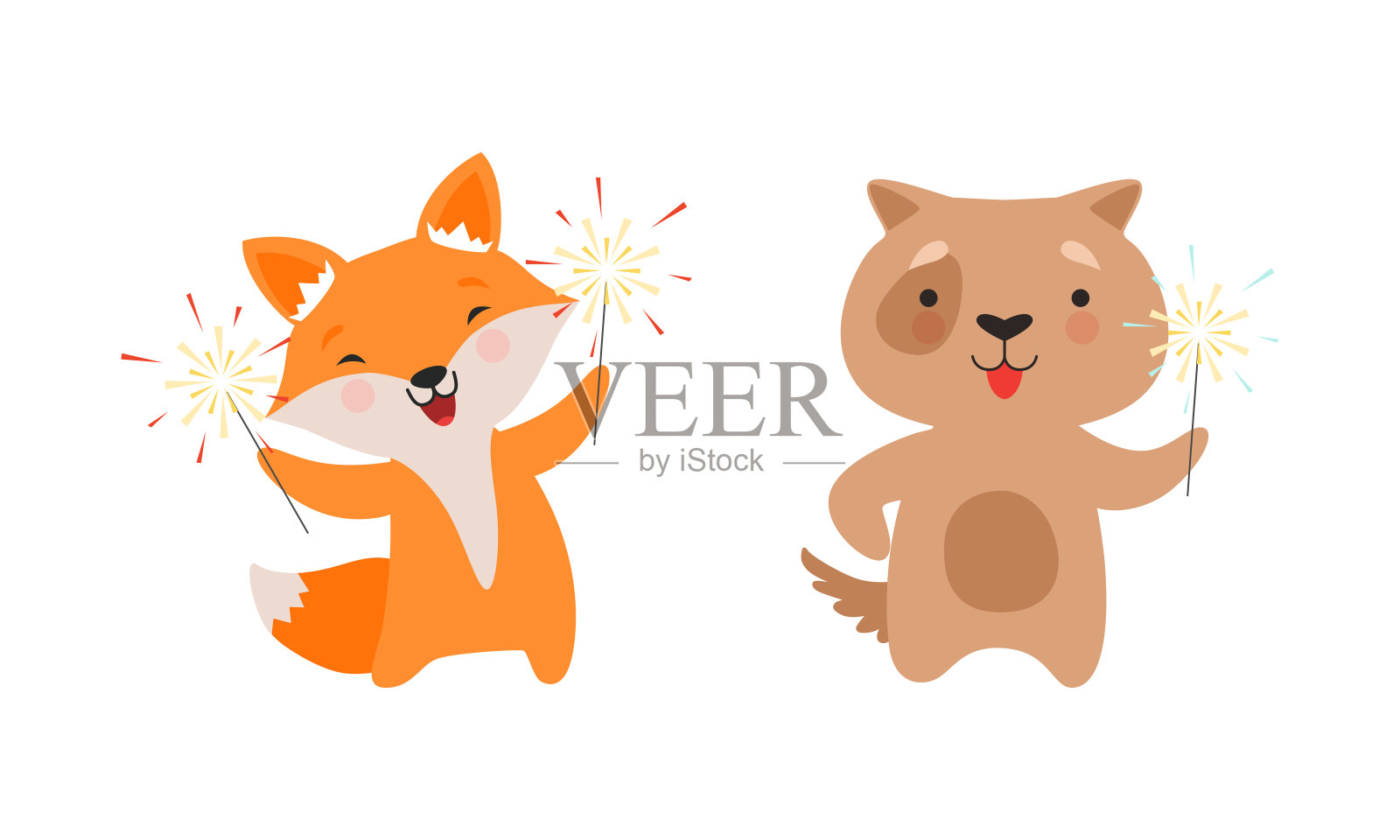 可爱的动物与烟花享受节日庆祝向量集插画图片素材